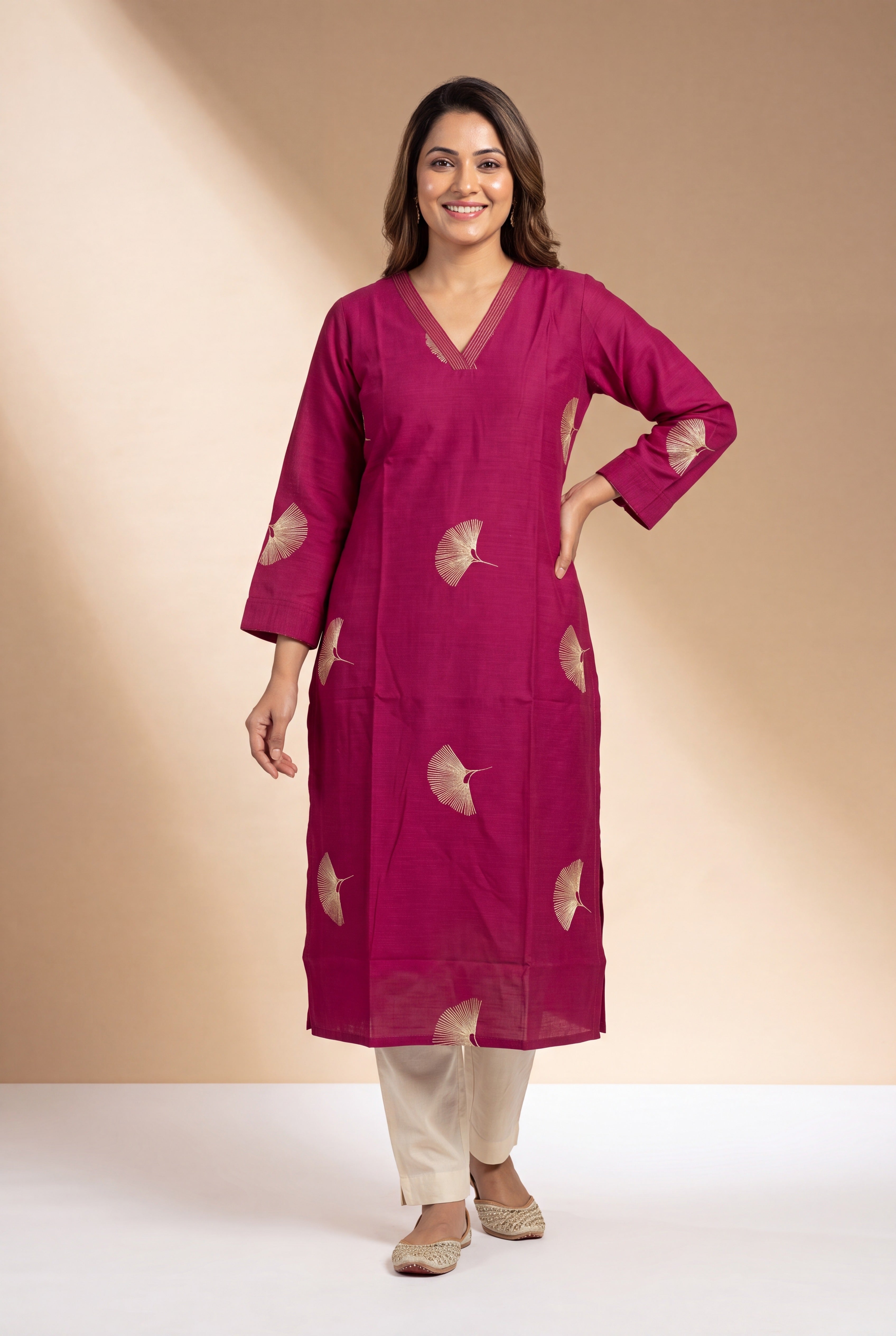 Magenta Kurti with Mor Barha Zari Print