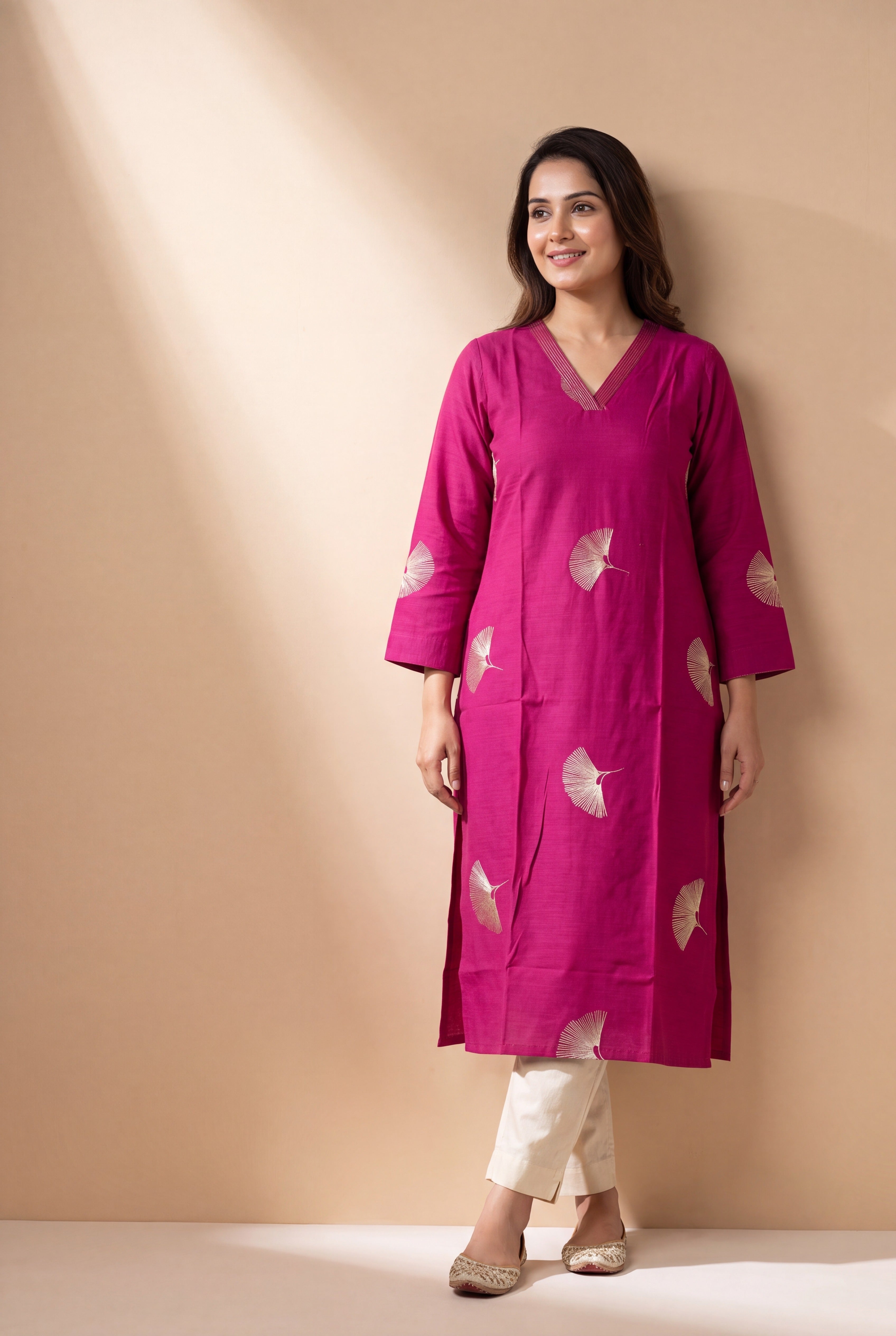 Magenta Kurti with Mor Barha Zari Print