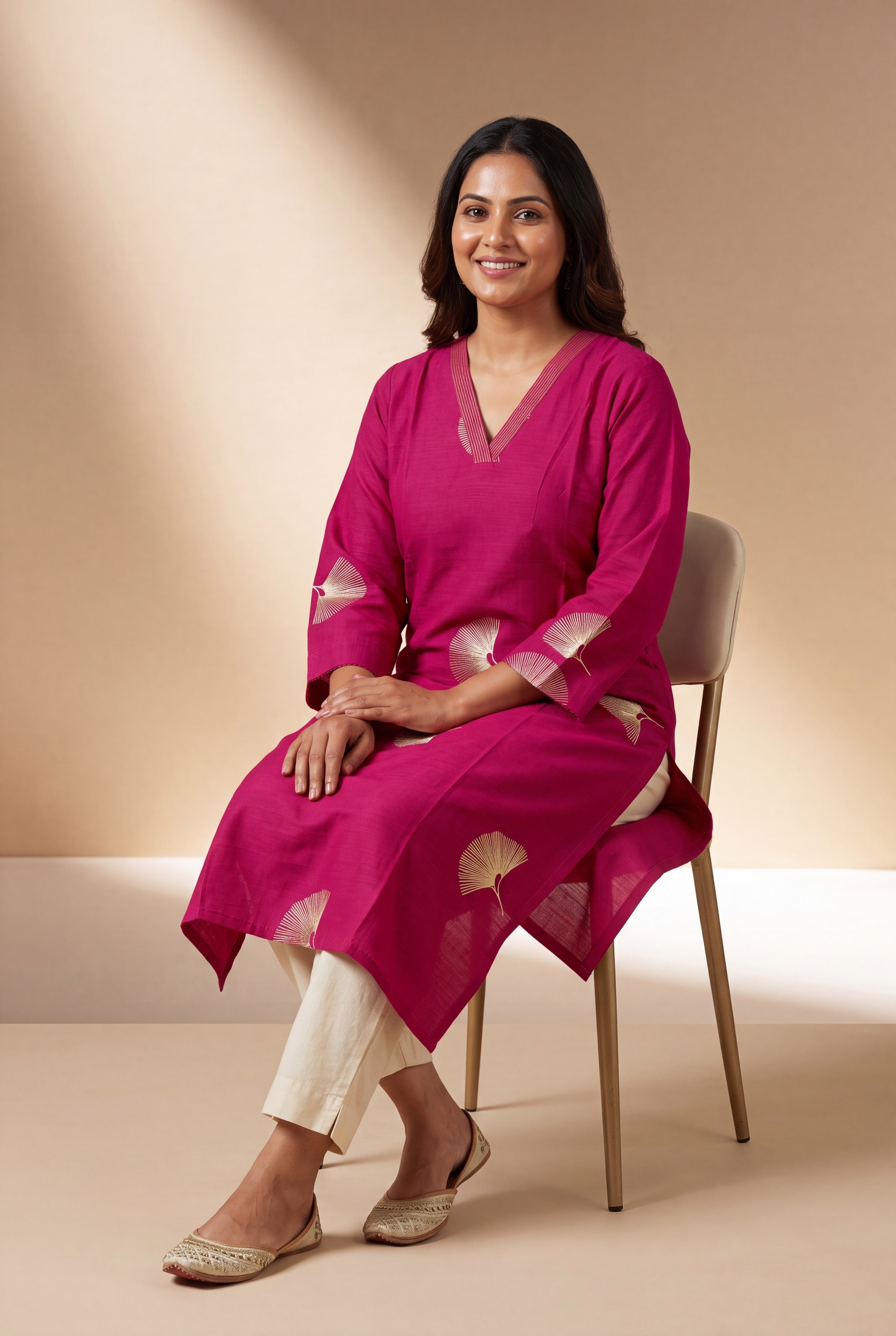 Magenta Kurti with Mor Barha Zari Print