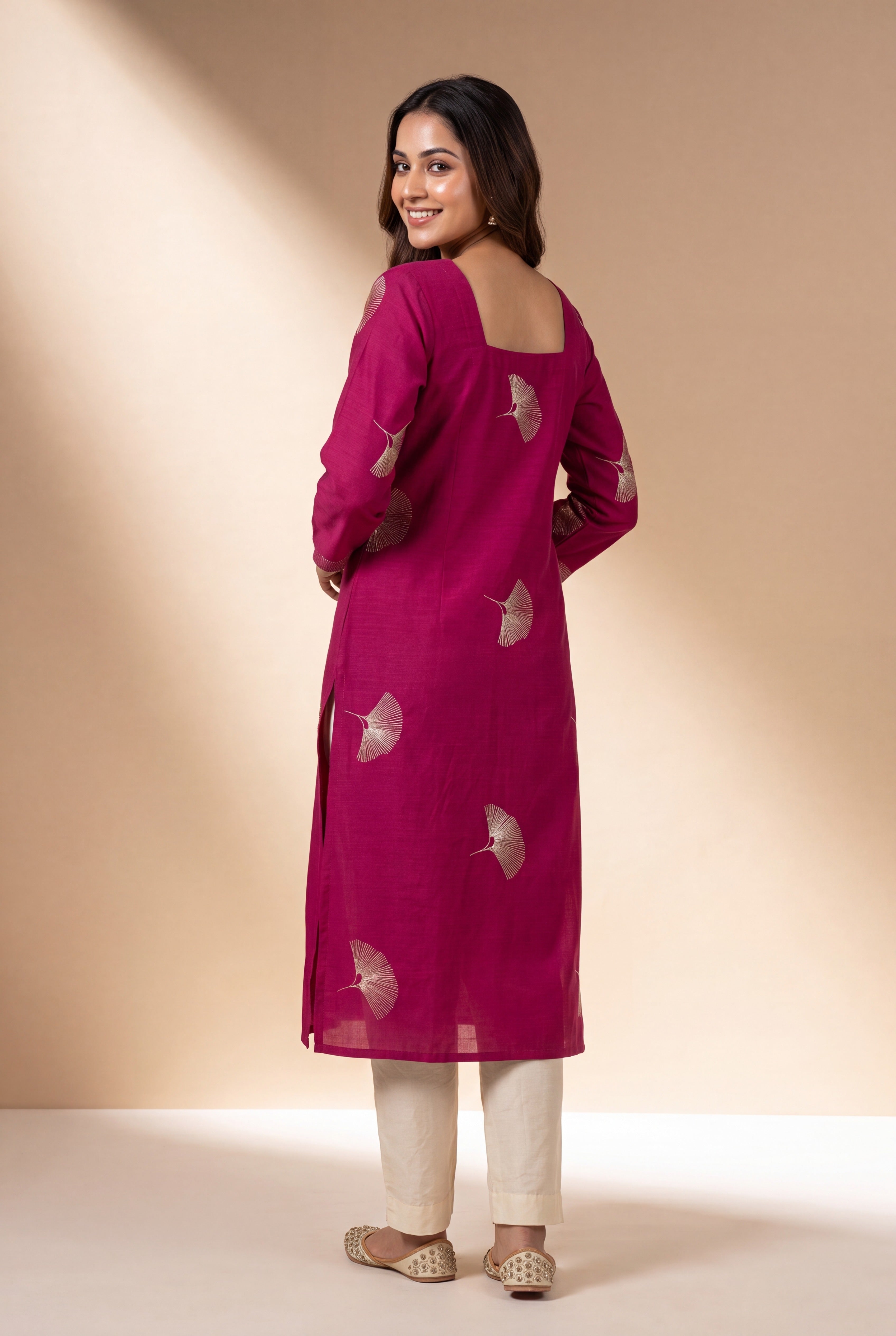 Magenta Kurti with Mor Barha Zari Print