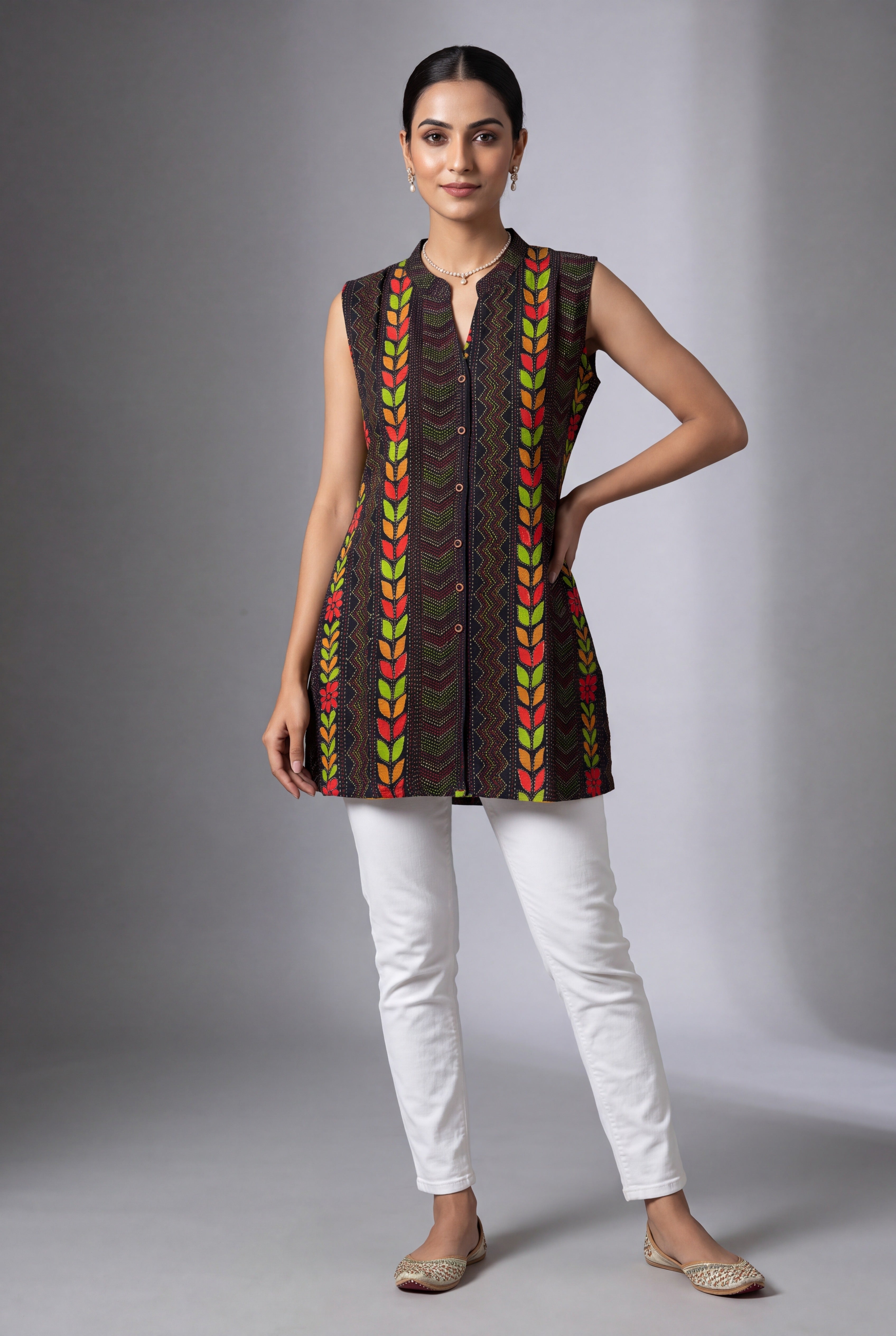 Midnight Blue Ākṛti Kurti with Geometric Leaf print