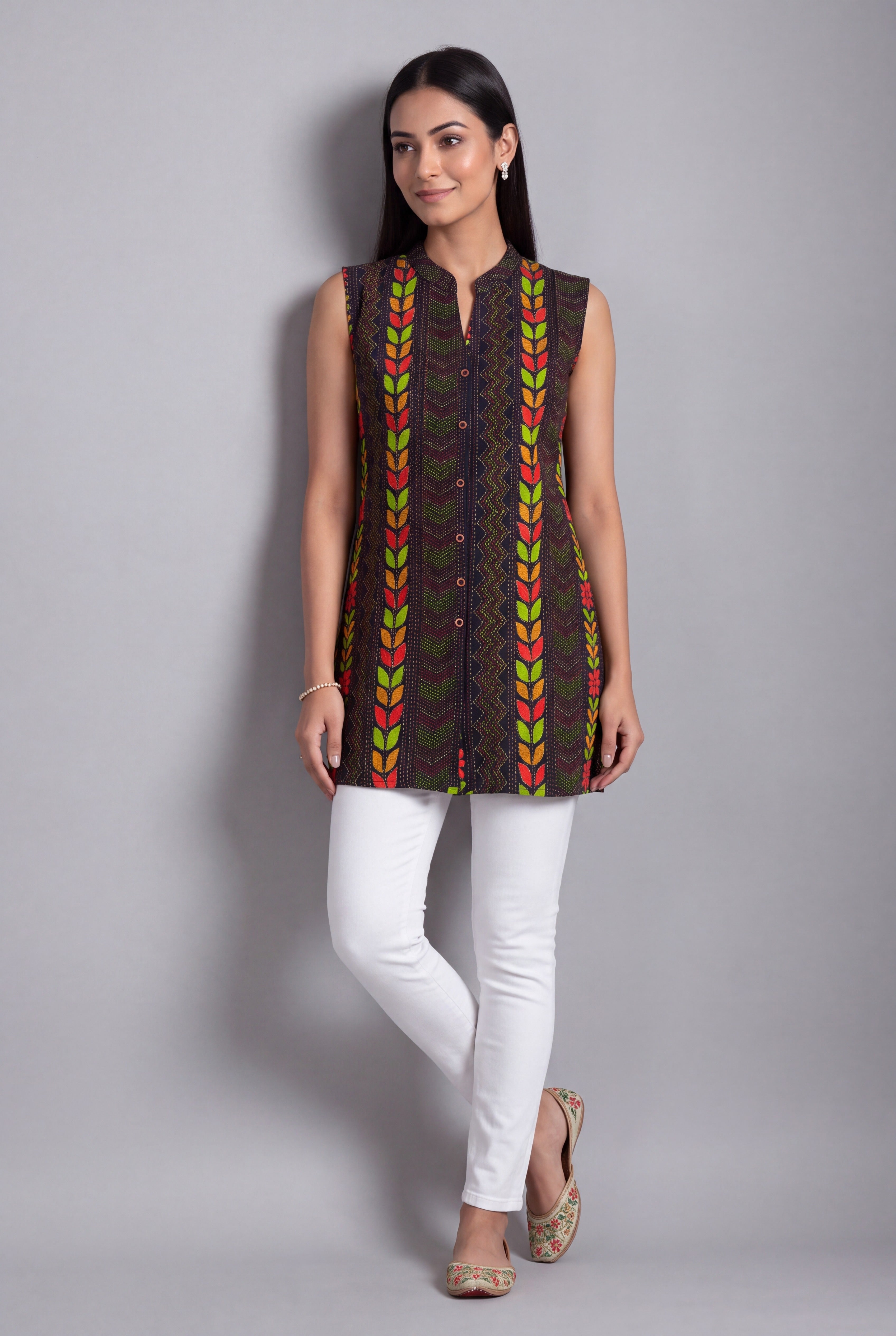 Midnight Blue Ākṛti Kurti with Geometric Leaf print