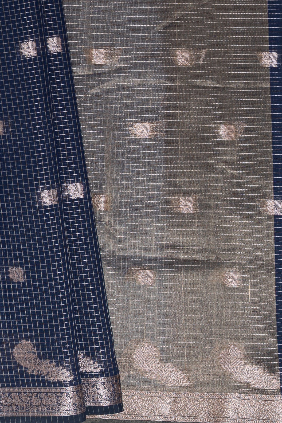 Midnight Blue Chanderi Silk Checks Paithani Saree with Gold Mayur Butti & Traditional Zari Pallu