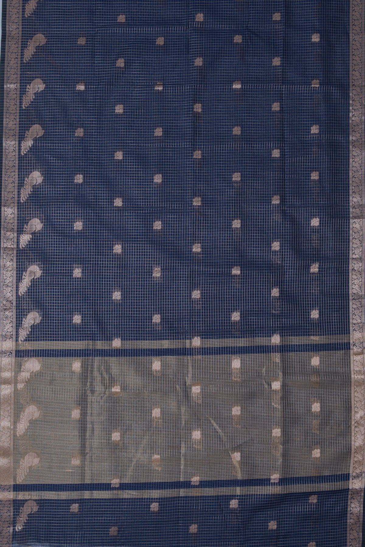 Midnight Blue Chanderi Silk Checks Paithani Saree with Gold Mayur Butti & Traditional Zari Pallu