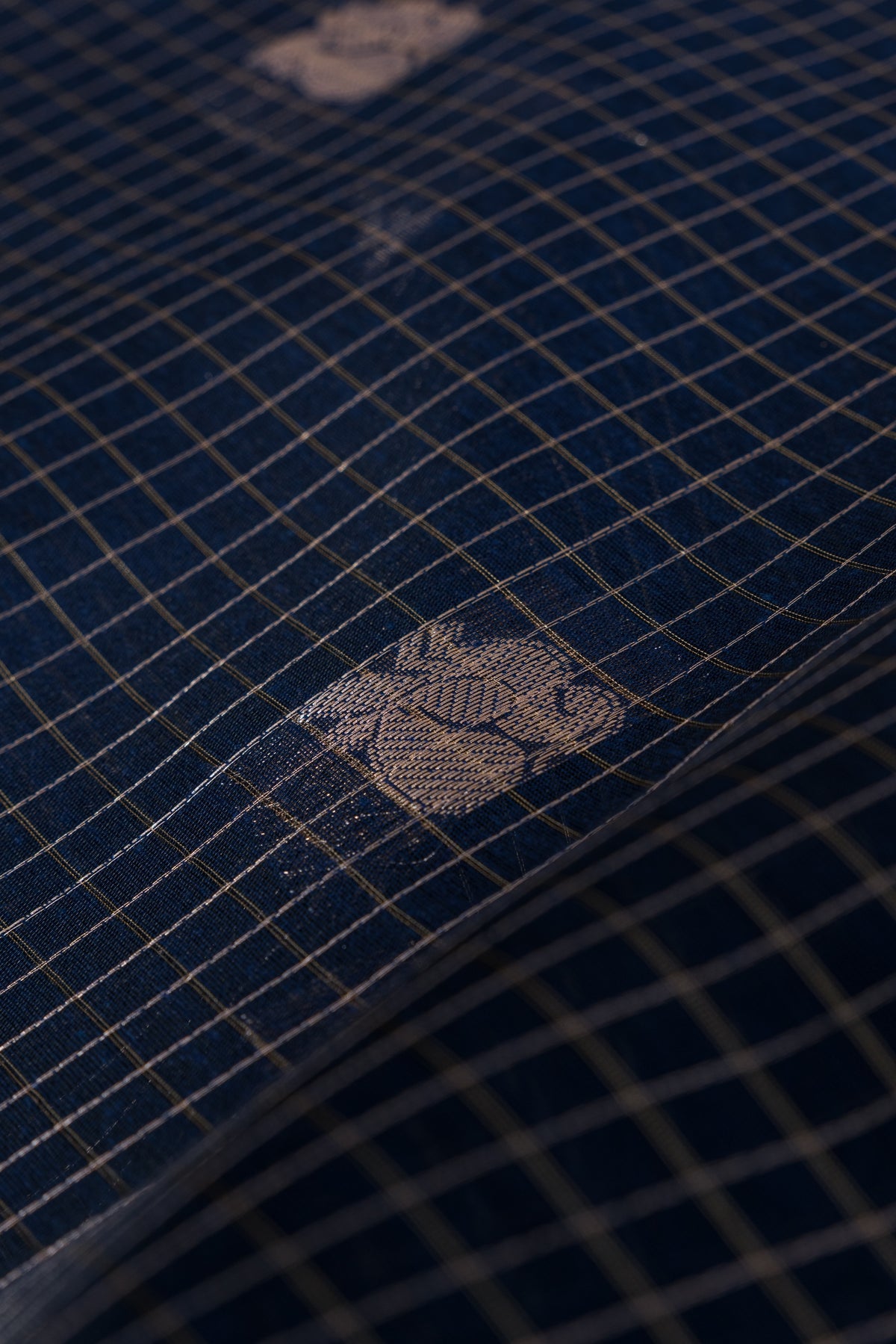 Midnight Blue Chanderi Silk Checks Paithani Saree with Gold Mayur Butti & Traditional Zari Pallu