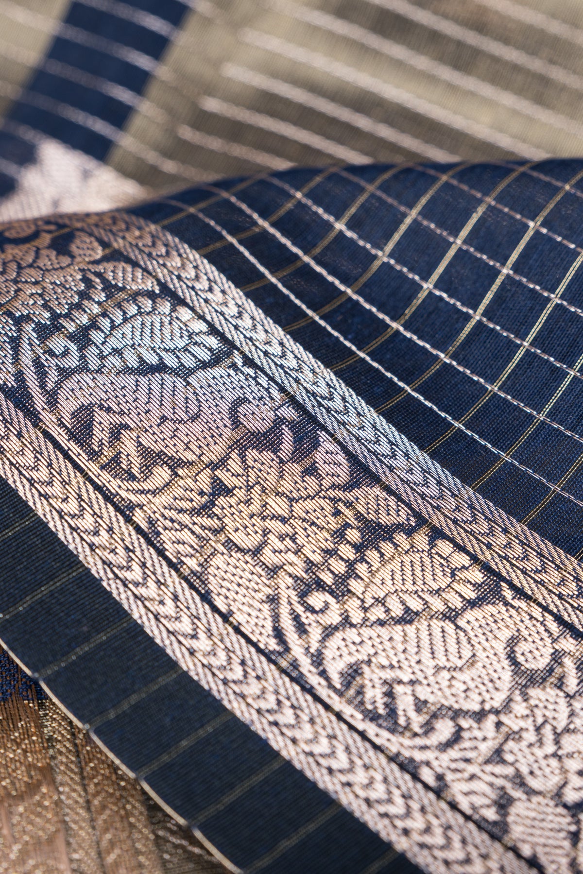 Midnight Blue Chanderi Silk Checks Paithani Saree with Gold Mayur Butti & Traditional Zari Pallu