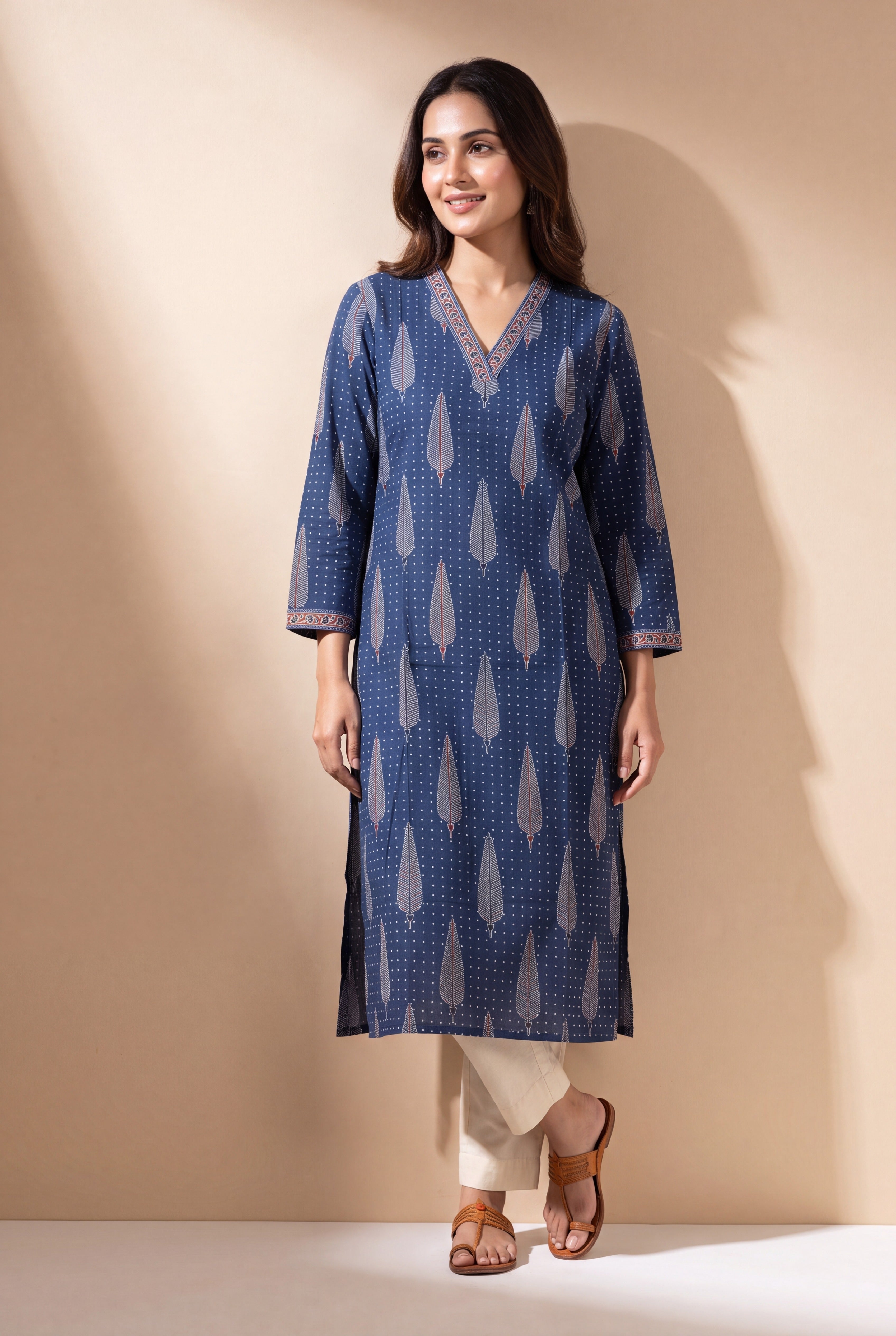 Midnight Blue Kurti with Parṇa print