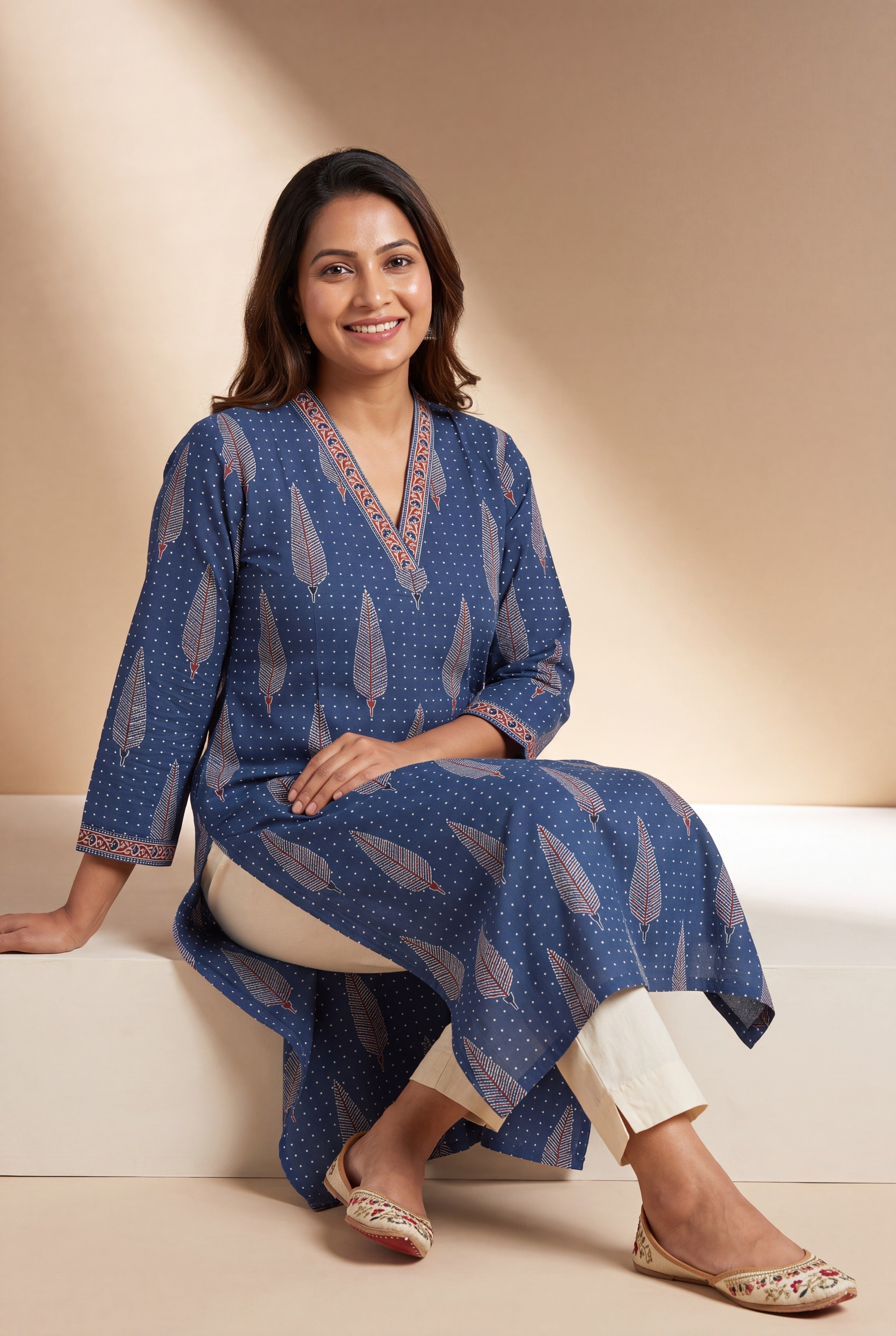 Midnight Blue Kurti with Parṇa print