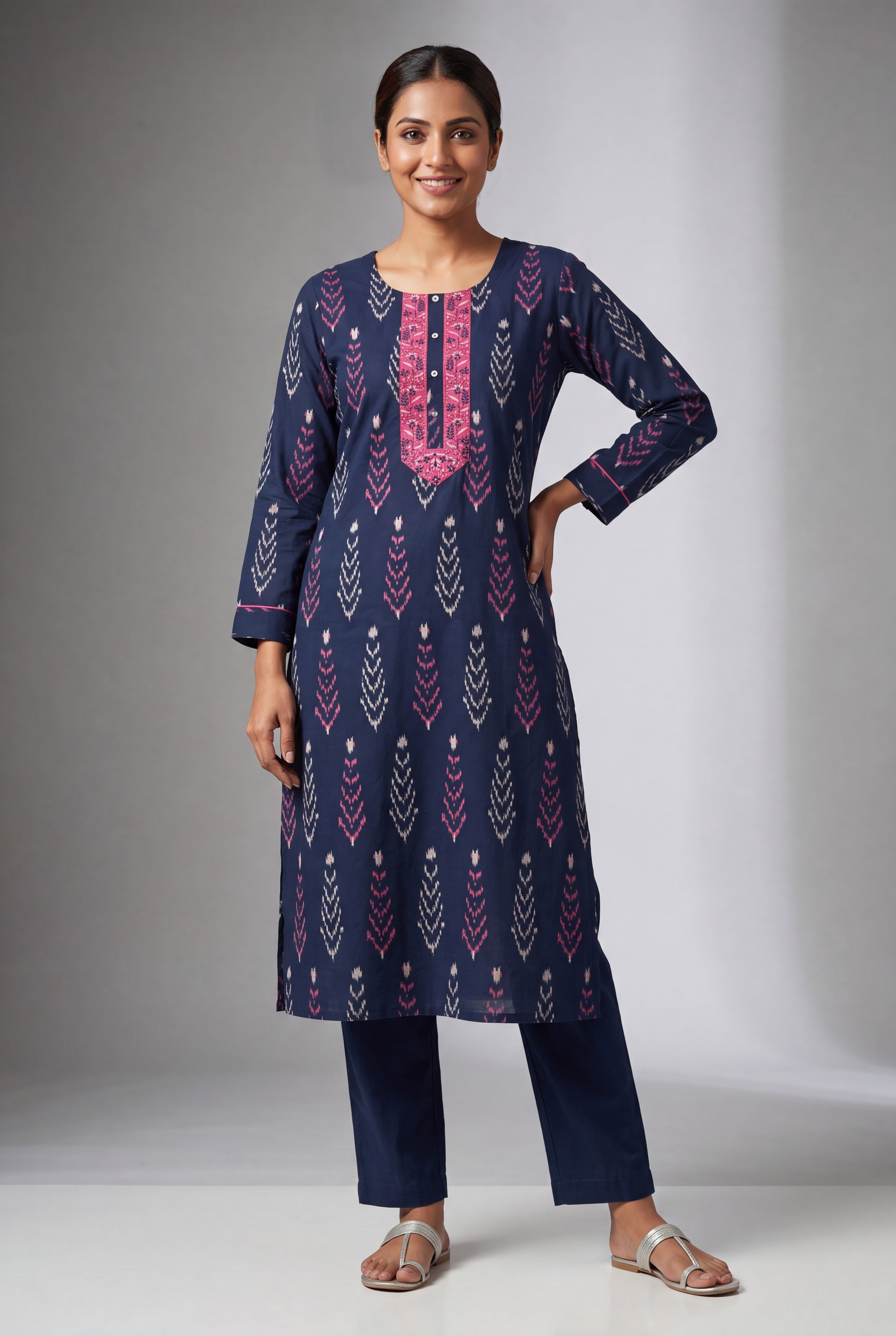 Midnight Blue Pallava Kurti with contrast Pink and White motifs