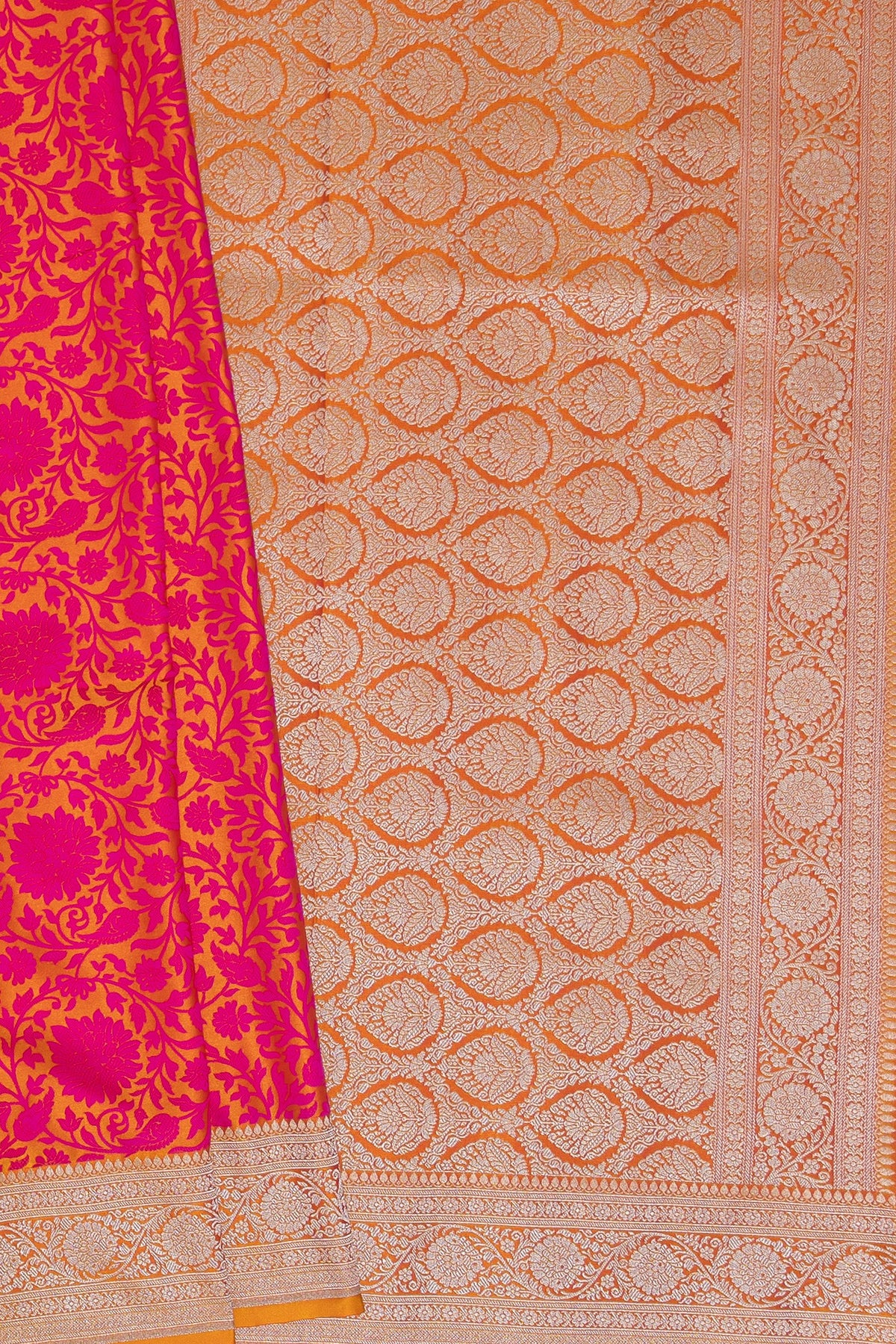 Mustard Yellow Katan Silk Banarasi Saree with Embossed Rani Pink Floral weave