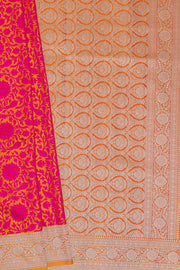 Mustard Yellow Katan Silk Banarasi Saree with Embossed Rani Pink Floral weave