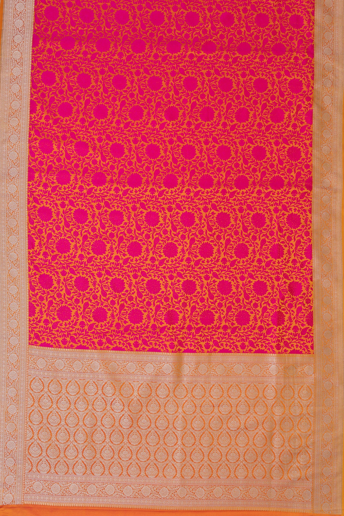 Mustard Yellow Katan Silk Banarasi Saree with Embossed Rani Pink Floral weave