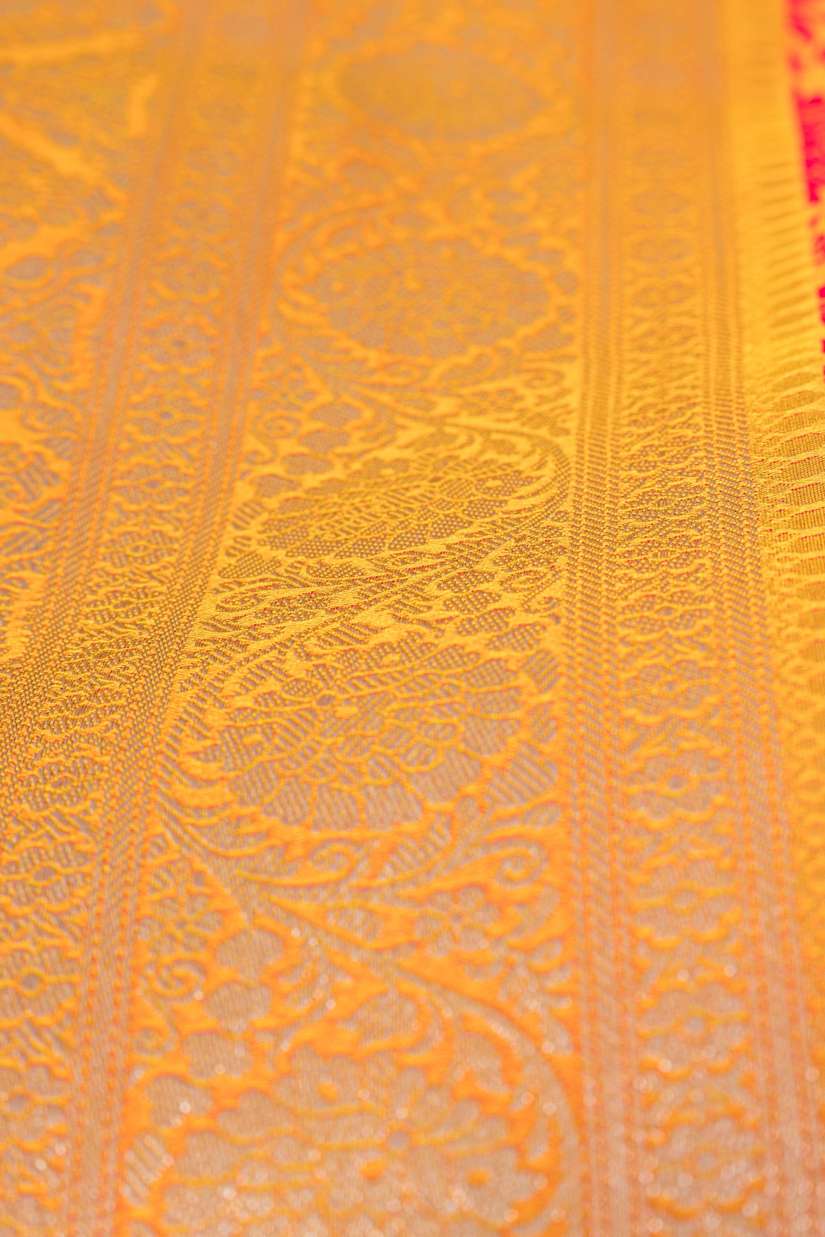 Mustard Yellow Katan Silk Banarasi Saree with Embossed Rani Pink Floral weave