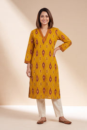 Mustard Yellow Kurti with Crimson Ikkat Print