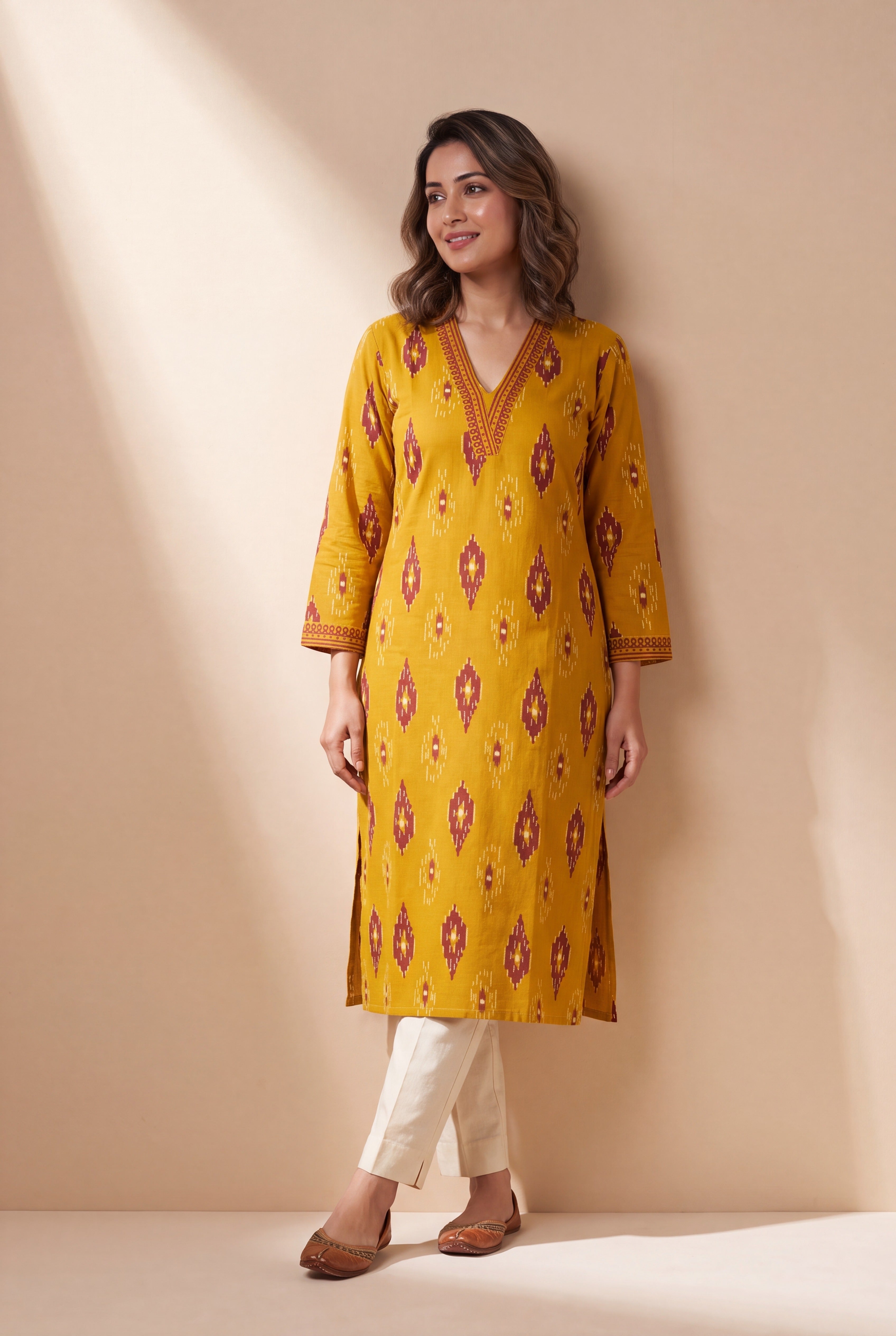Mustard Yellow Kurti with Crimson Ikkat Print