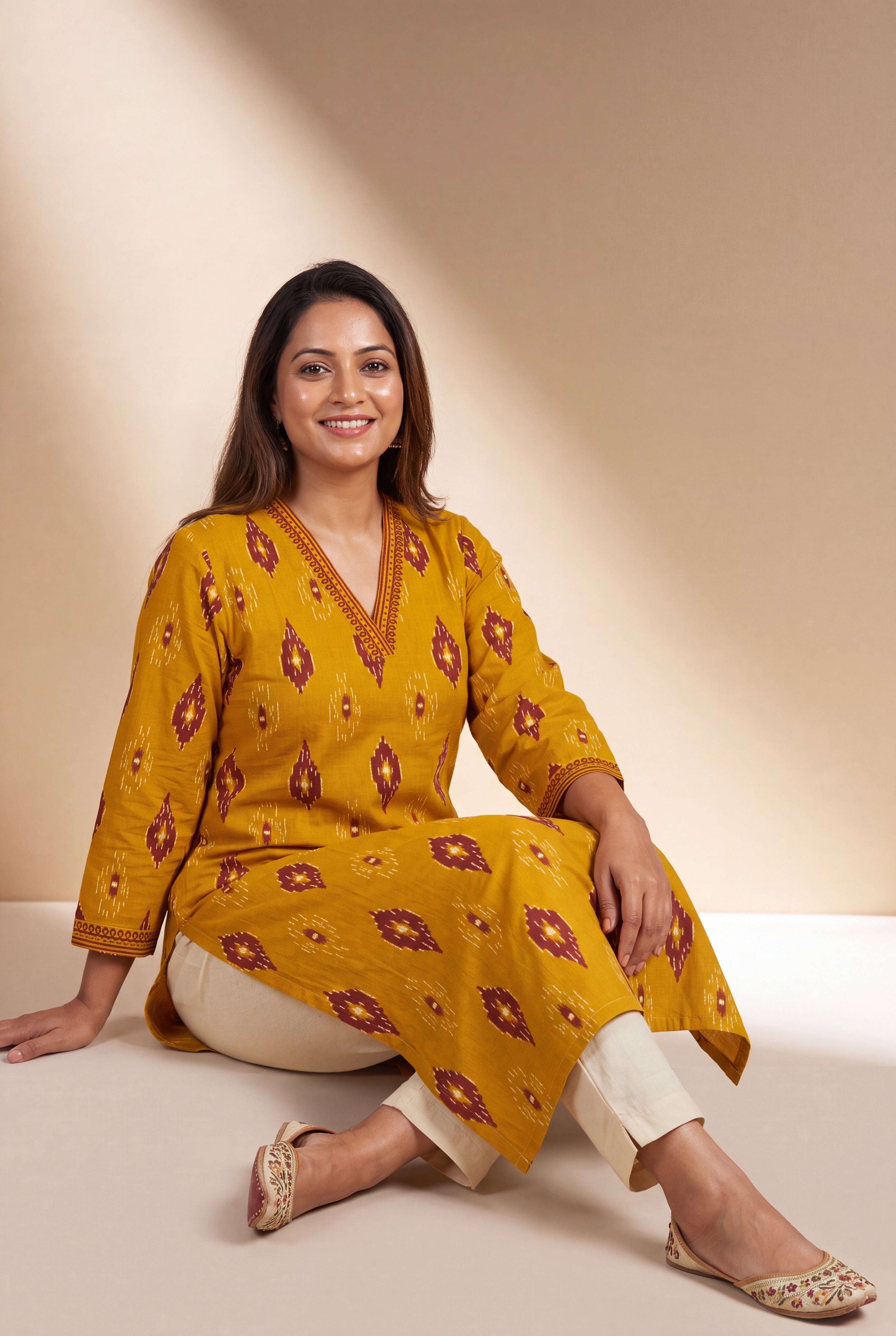 Mustard Yellow Kurti with Crimson Ikkat Print