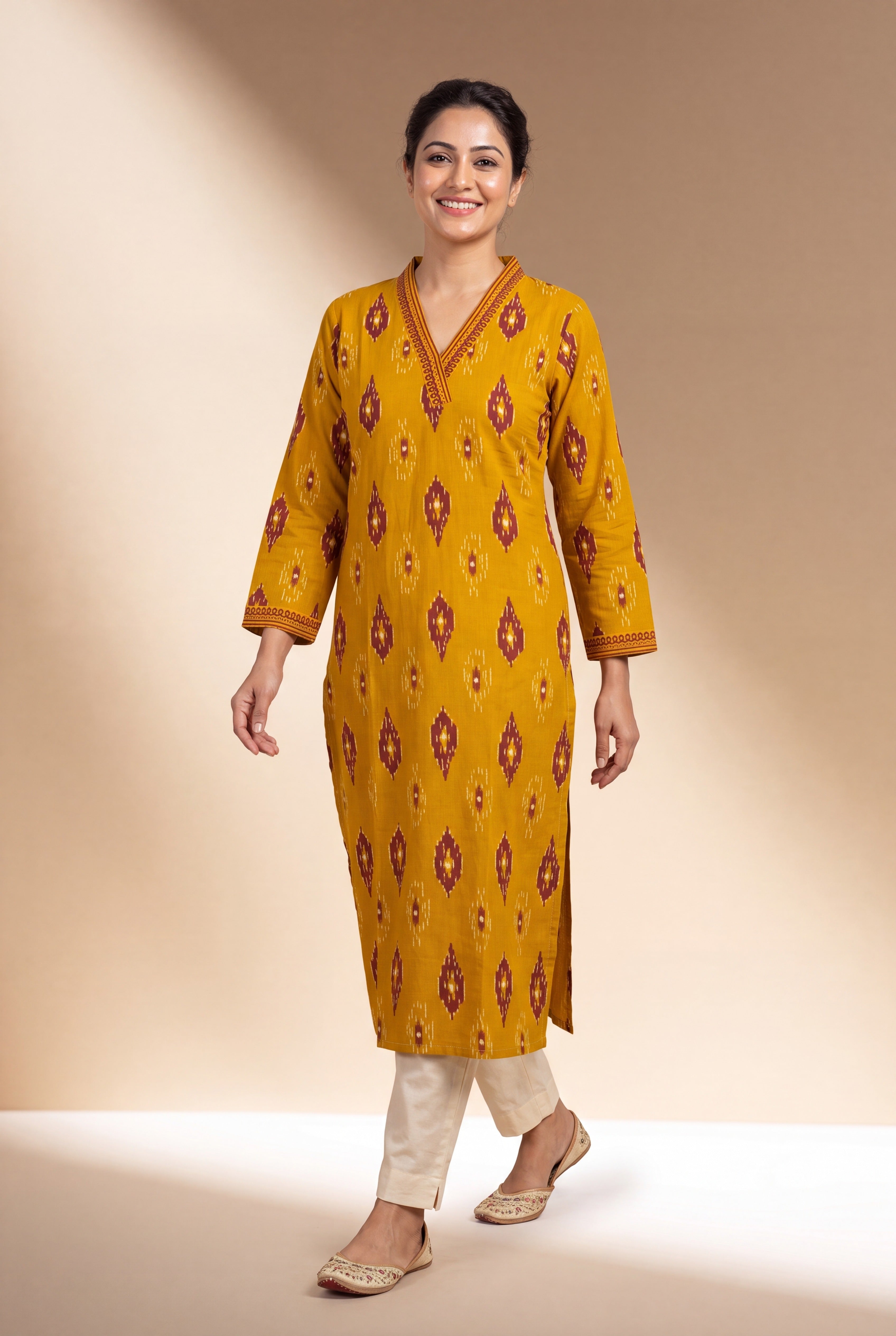 Mustard Yellow Kurti with Crimson Ikkat Print