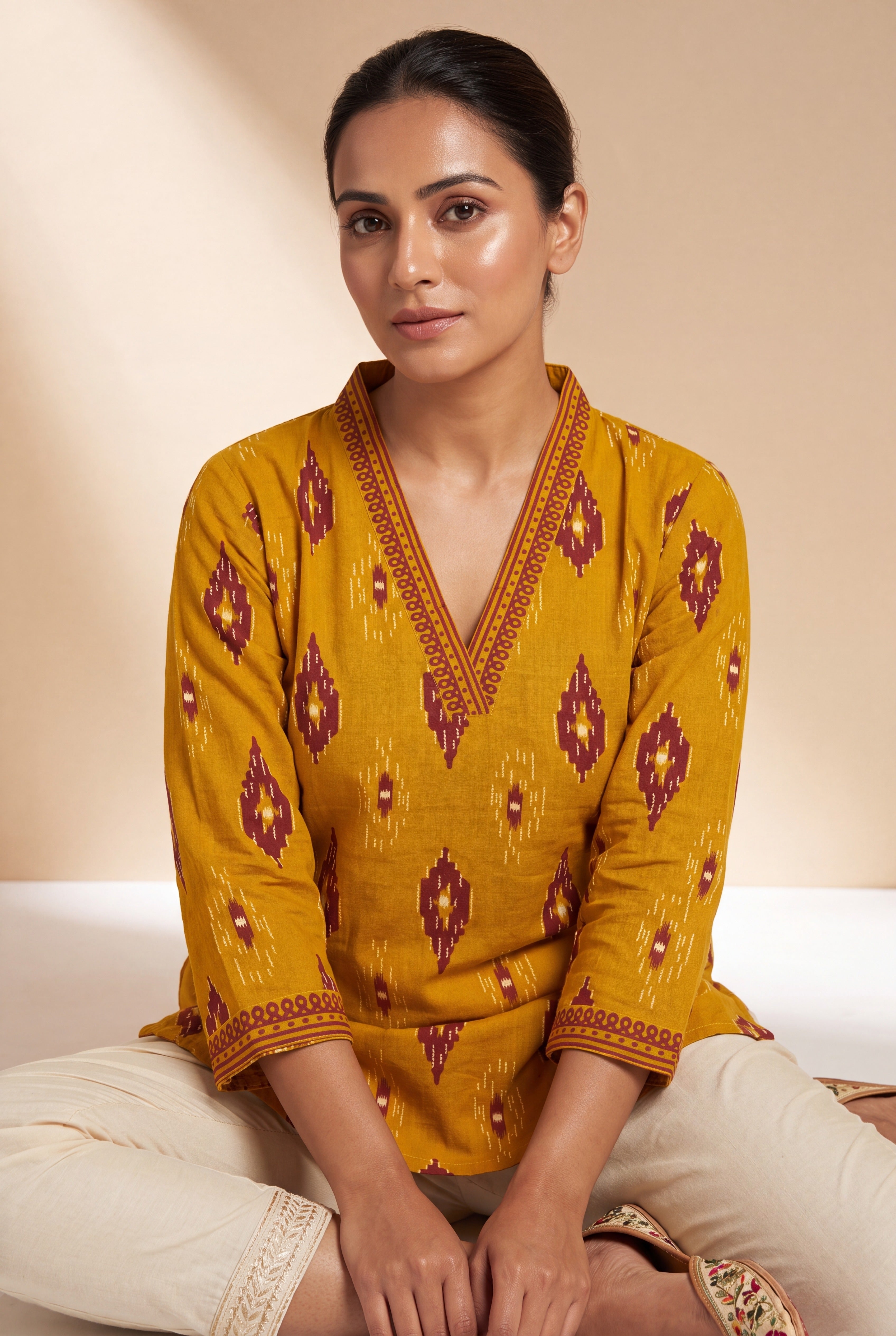 Mustard Yellow Kurti with Crimson Ikkat Print