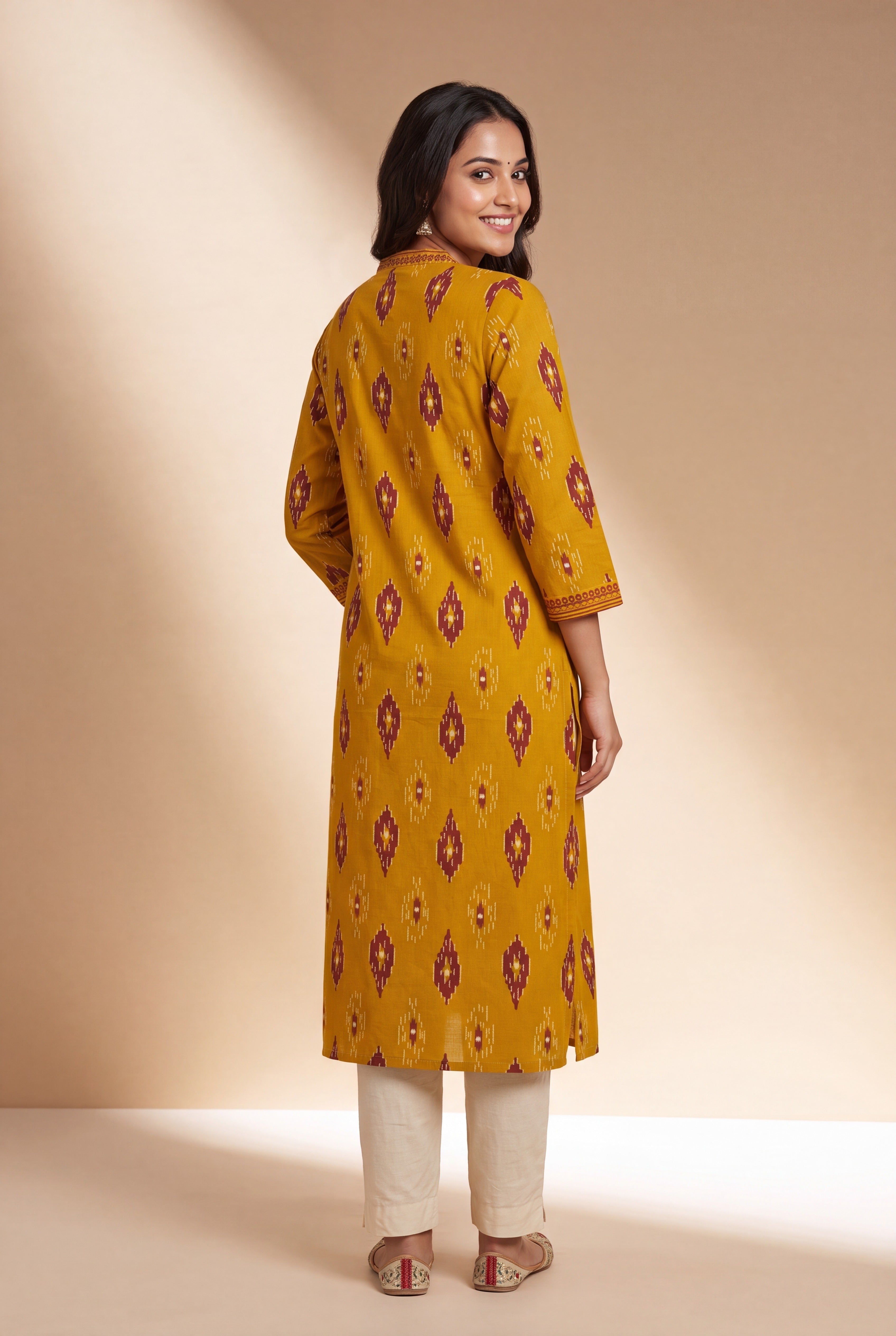 Mustard Yellow Kurti with Crimson Ikkat Print