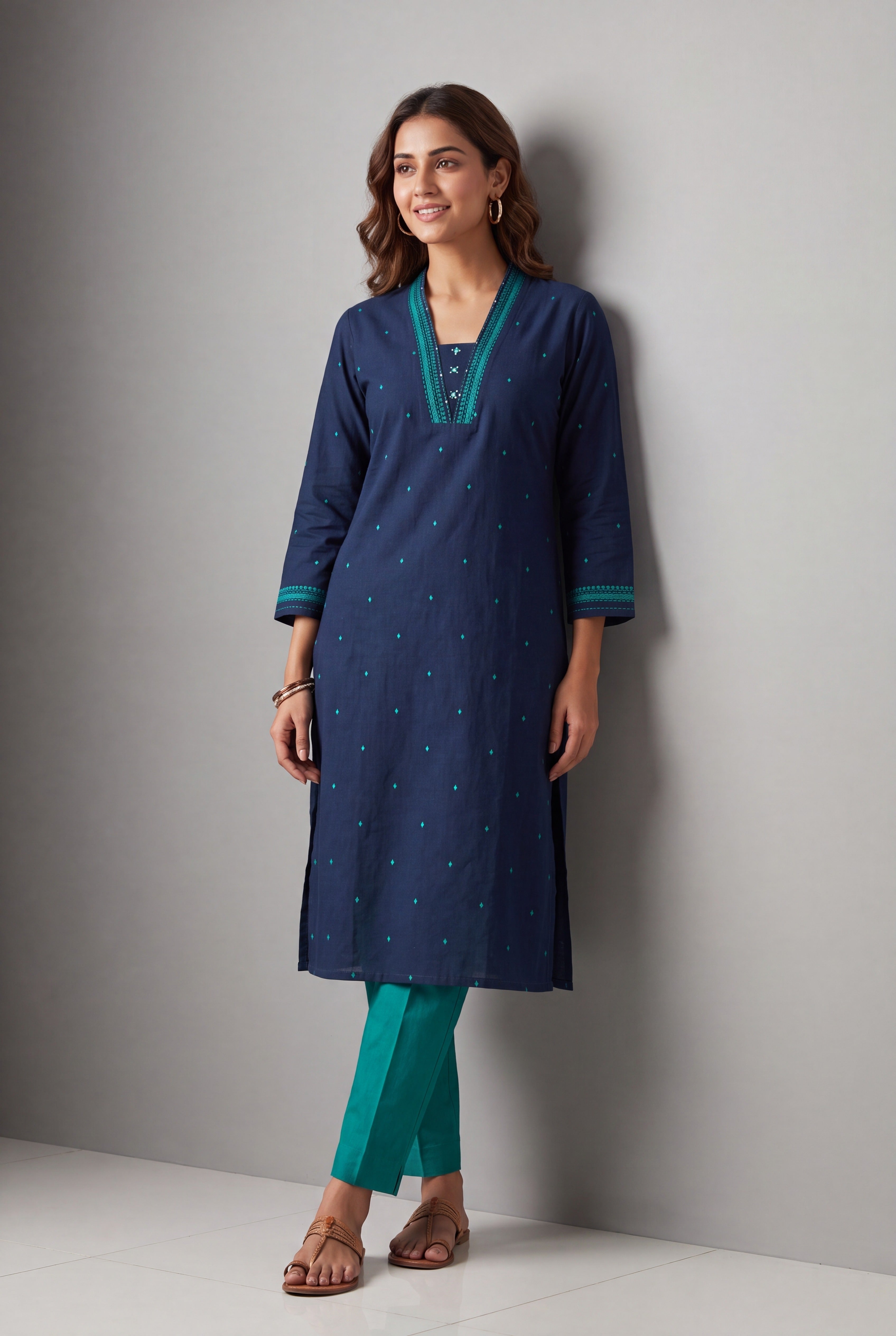 Ocean Blue Cotton Kurti with Neel bindu threadwork