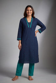 Ocean Blue Cotton Kurti with Neel bindu threadwork