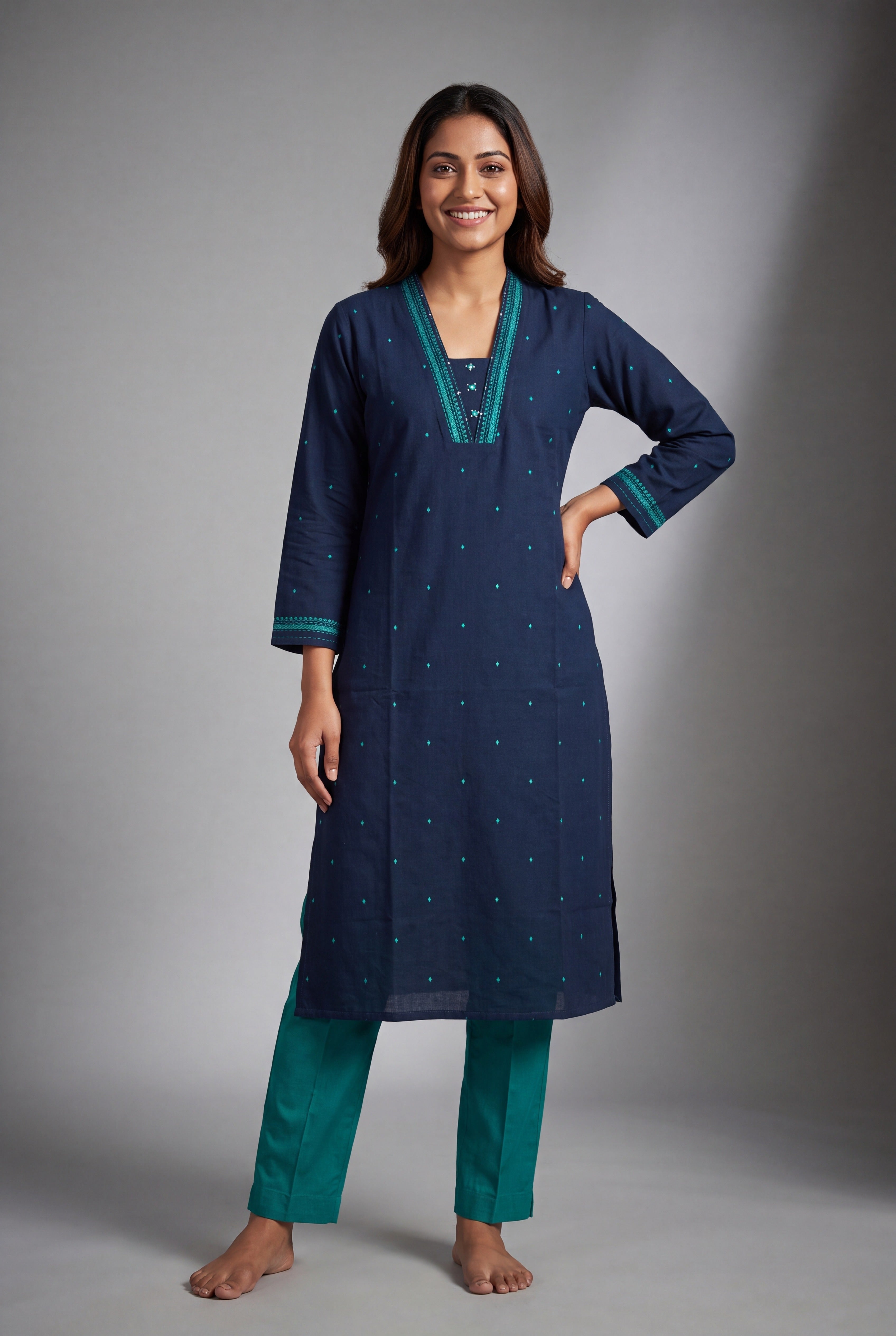 Ocean Blue Cotton Kurti with Neel bindu threadwork