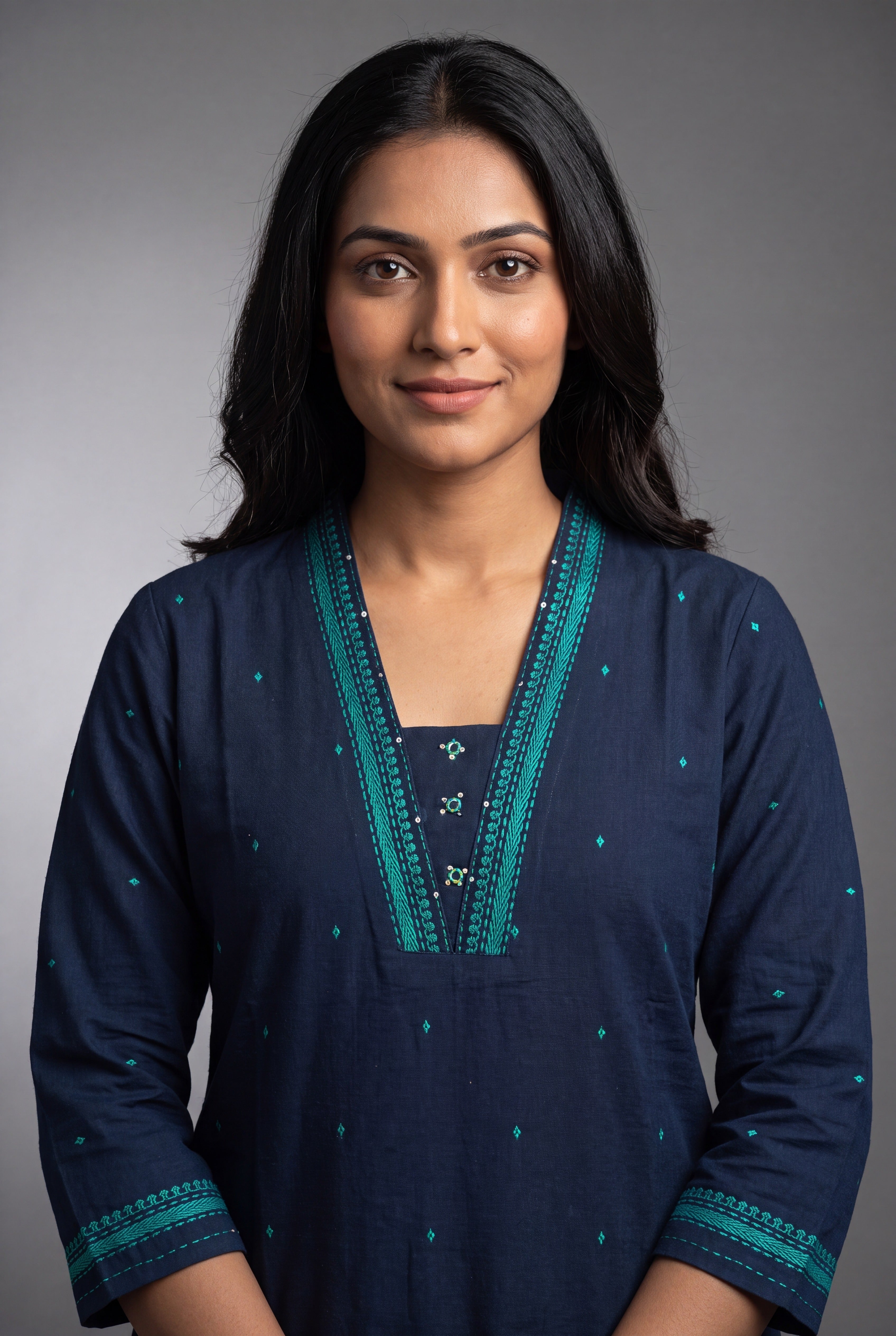 Ocean Blue Cotton Kurti with Neel bindu threadwork