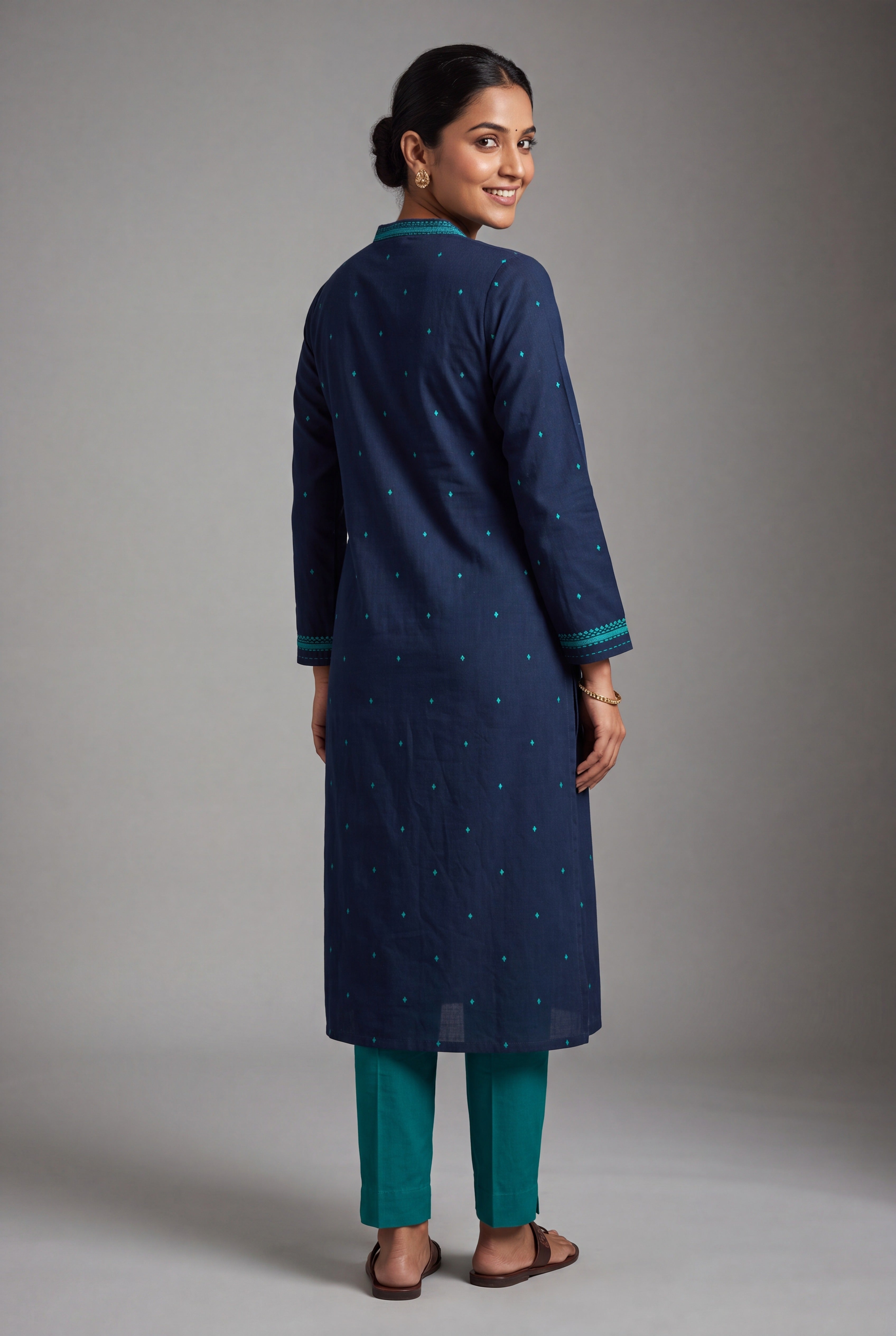 Ocean Blue Cotton Kurti with Neel bindu threadwork