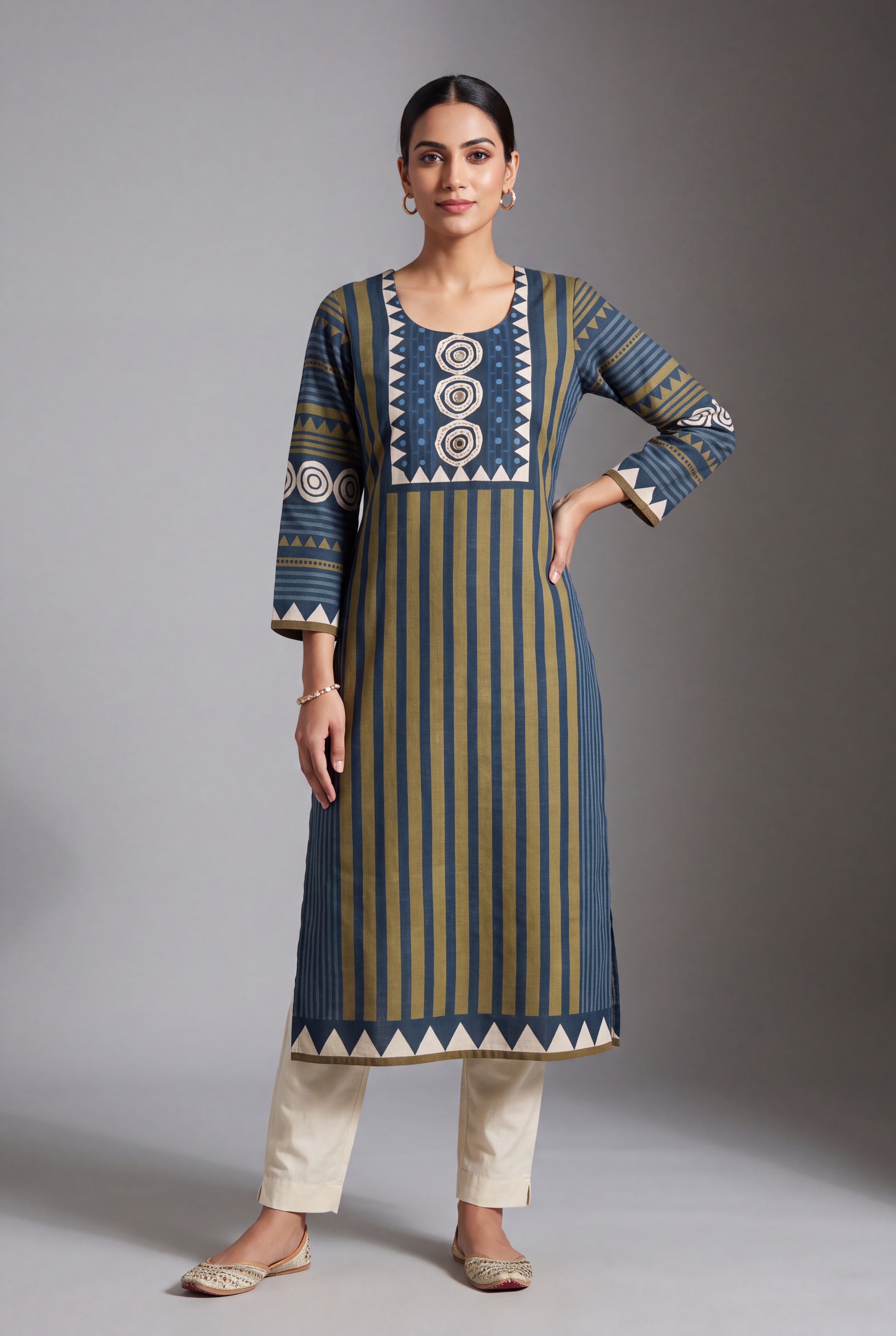 Olive Cotton Chakra Kurti with Mirror embellishments