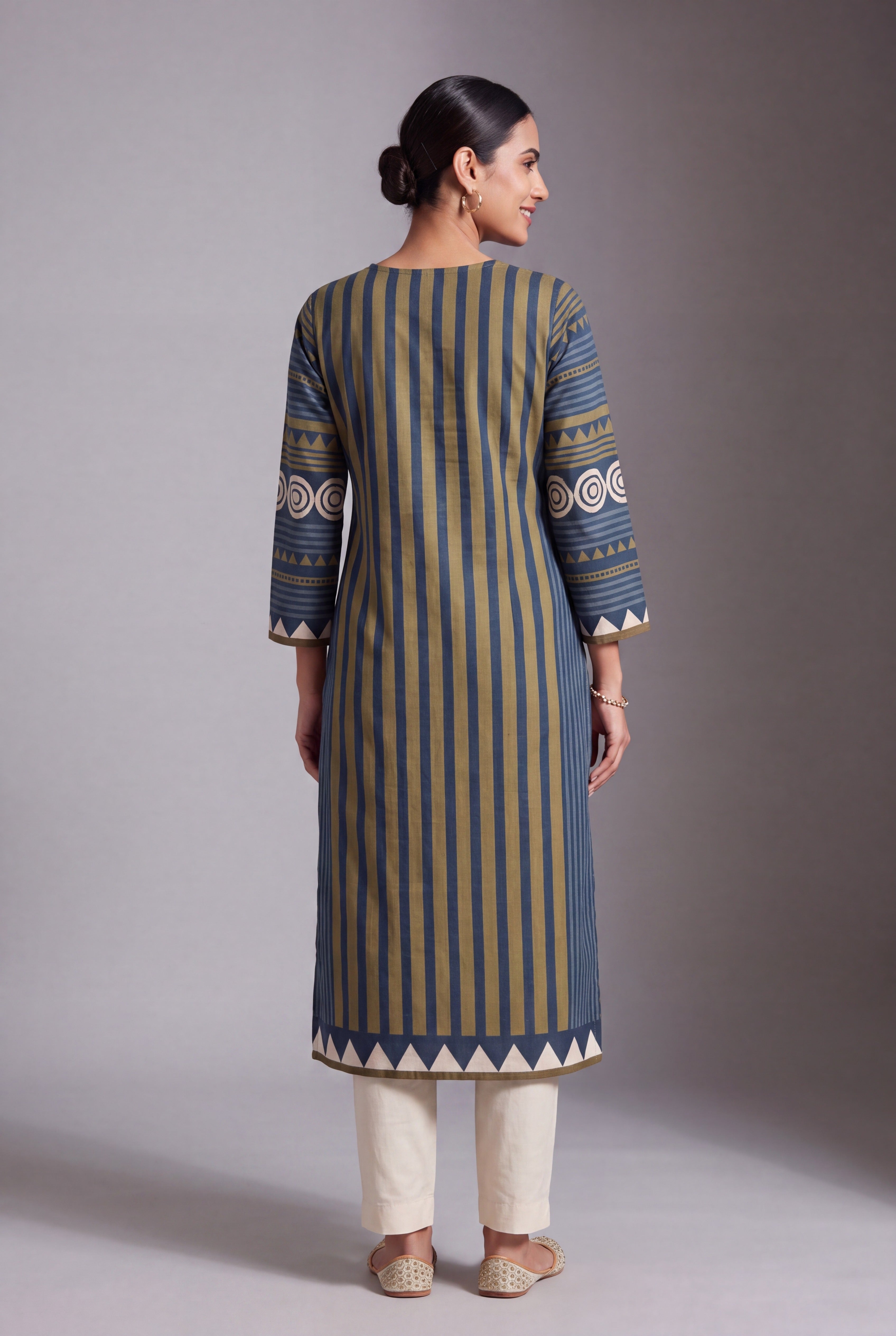 Olive Cotton Chakra Kurti with Mirror embellishments