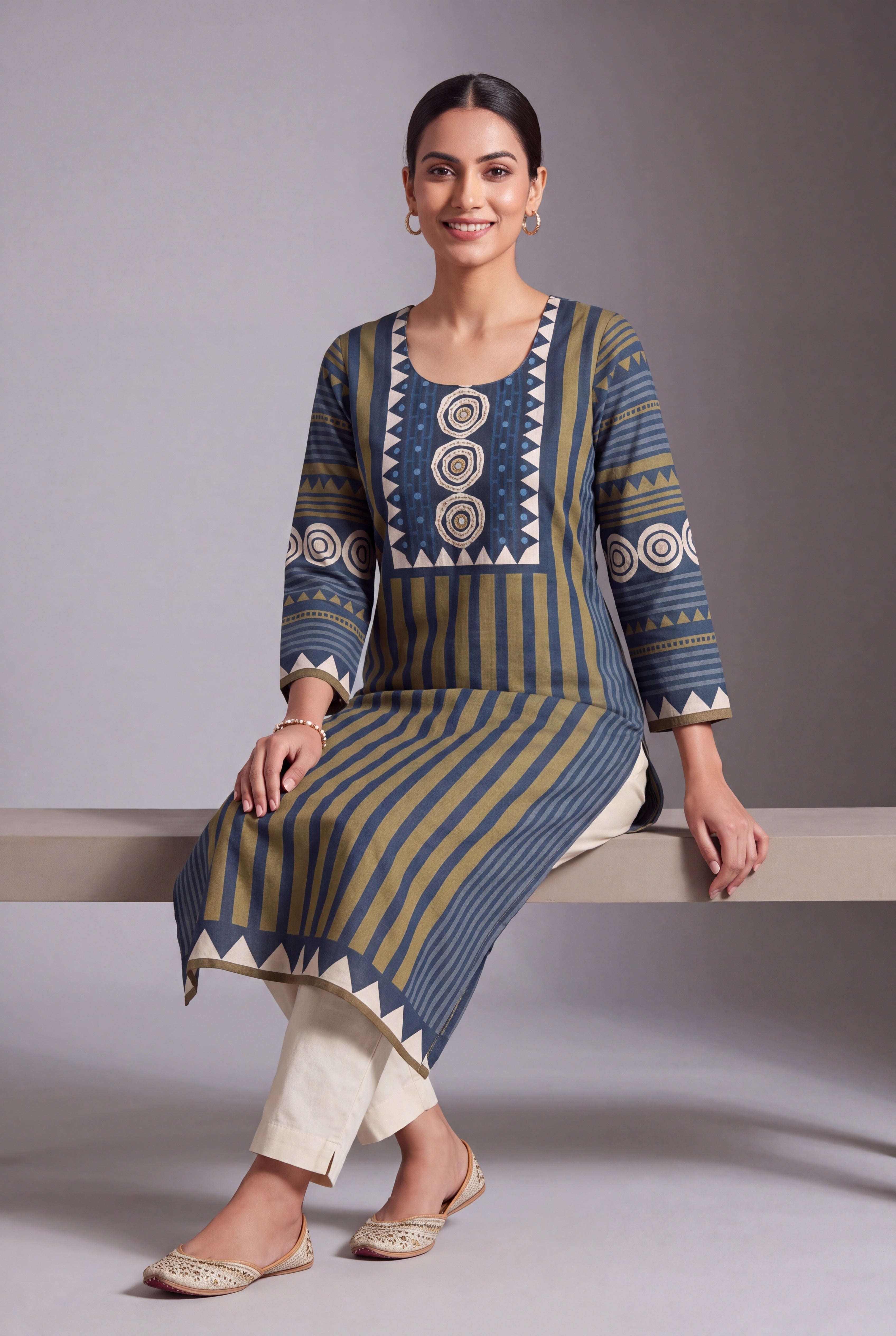 Olive Cotton Chakra Kurti with Mirror embellishments