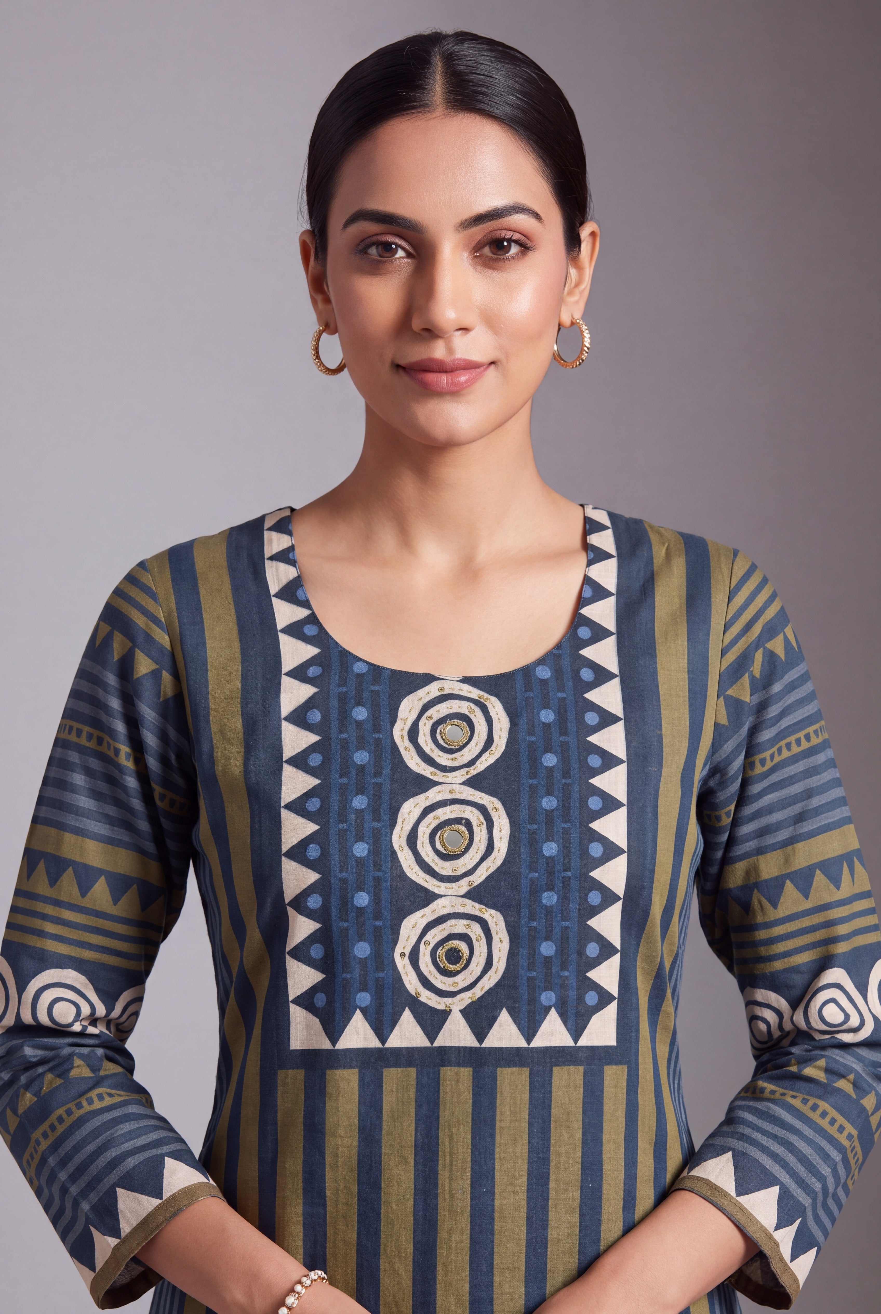 Olive Cotton Chakra Kurti with Mirror embellishments