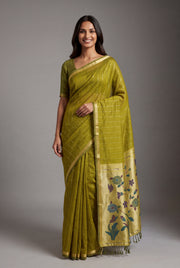 Olive Green Jamdhani Cotton Paithani Saree with Zari Stripes and Sequins work