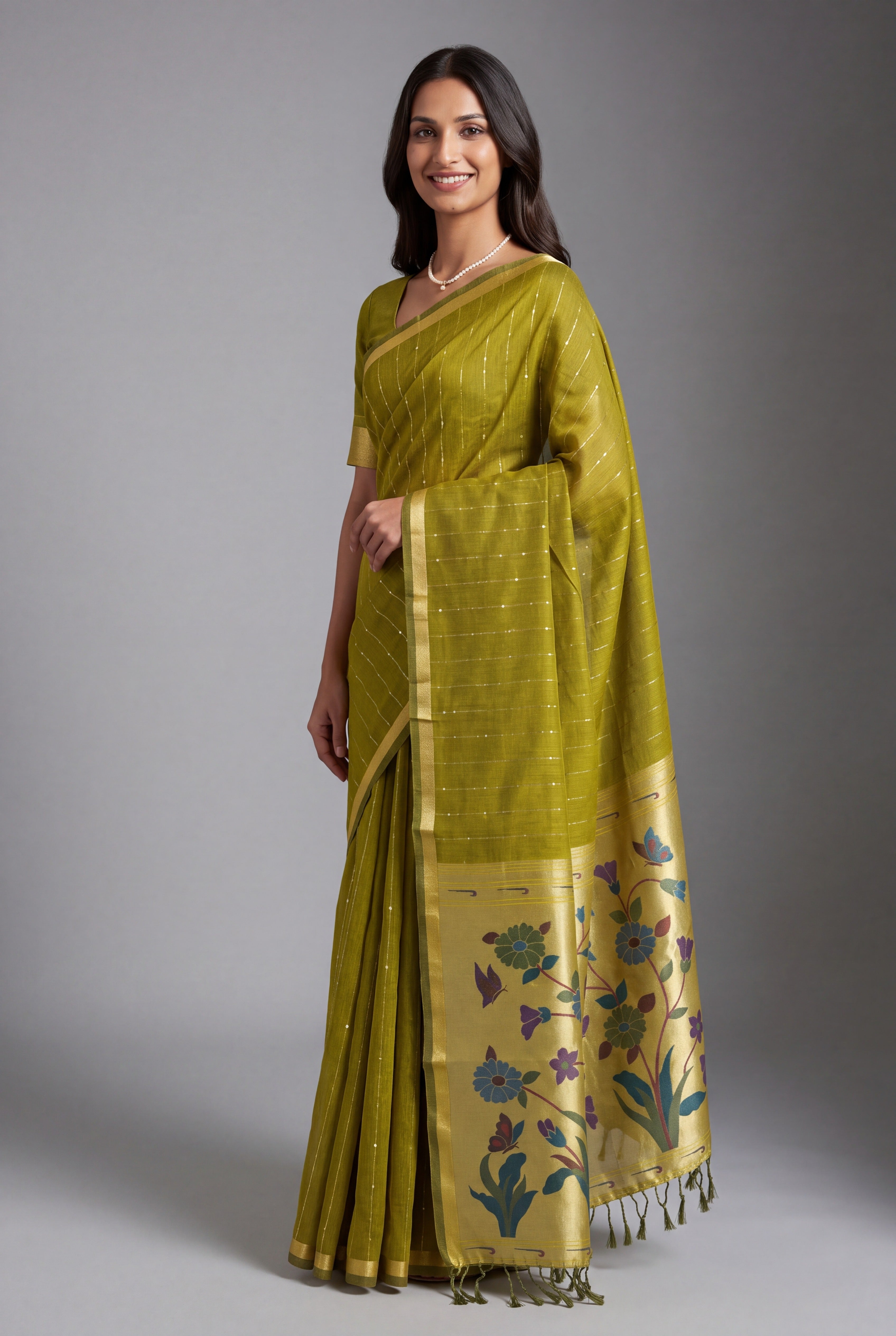 Olive Green Jamdhani Cotton Paithani Saree with Zari Stripes and Sequins work