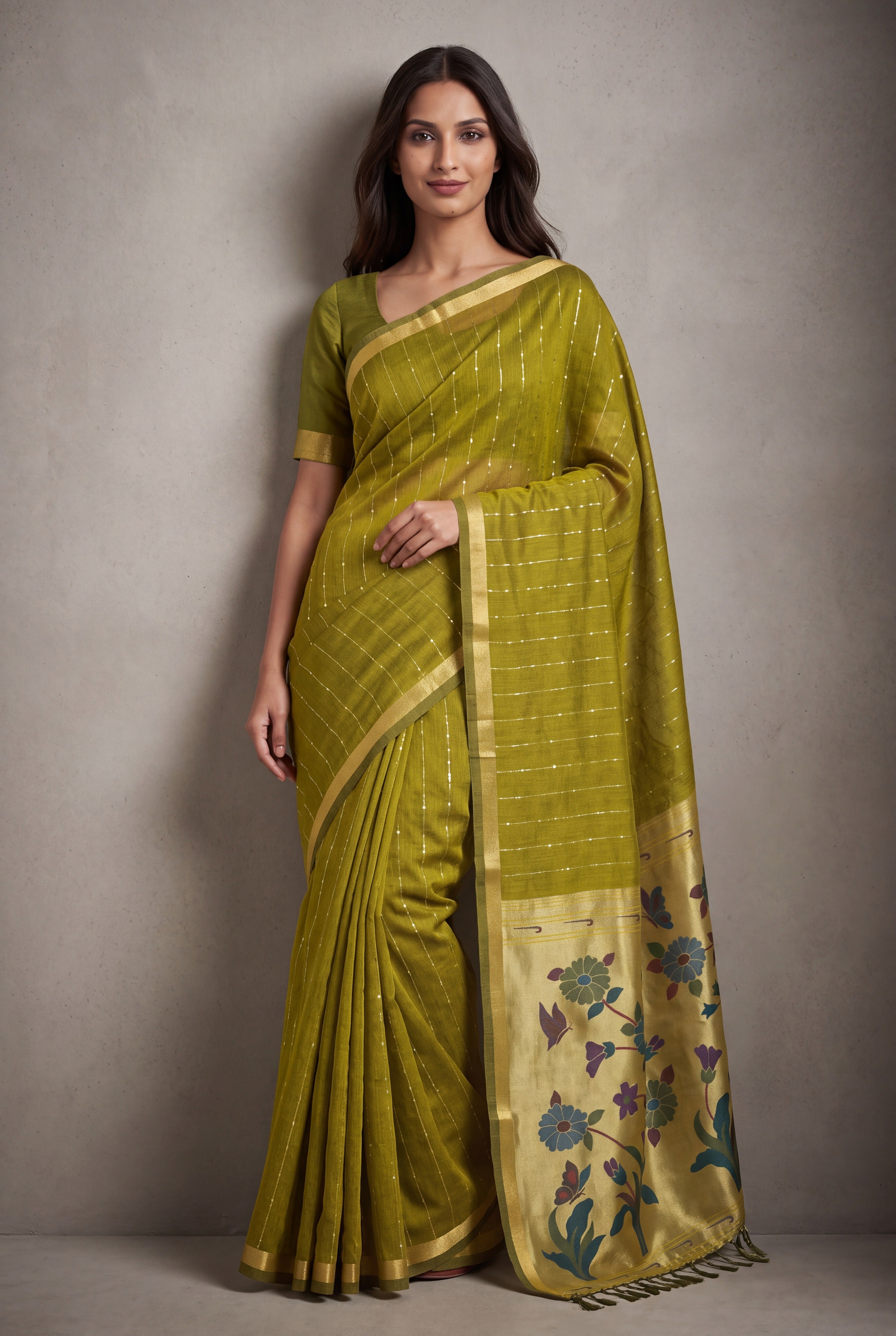 Olive Green Jamdhani Cotton Paithani Saree with Zari Stripes and Sequins work