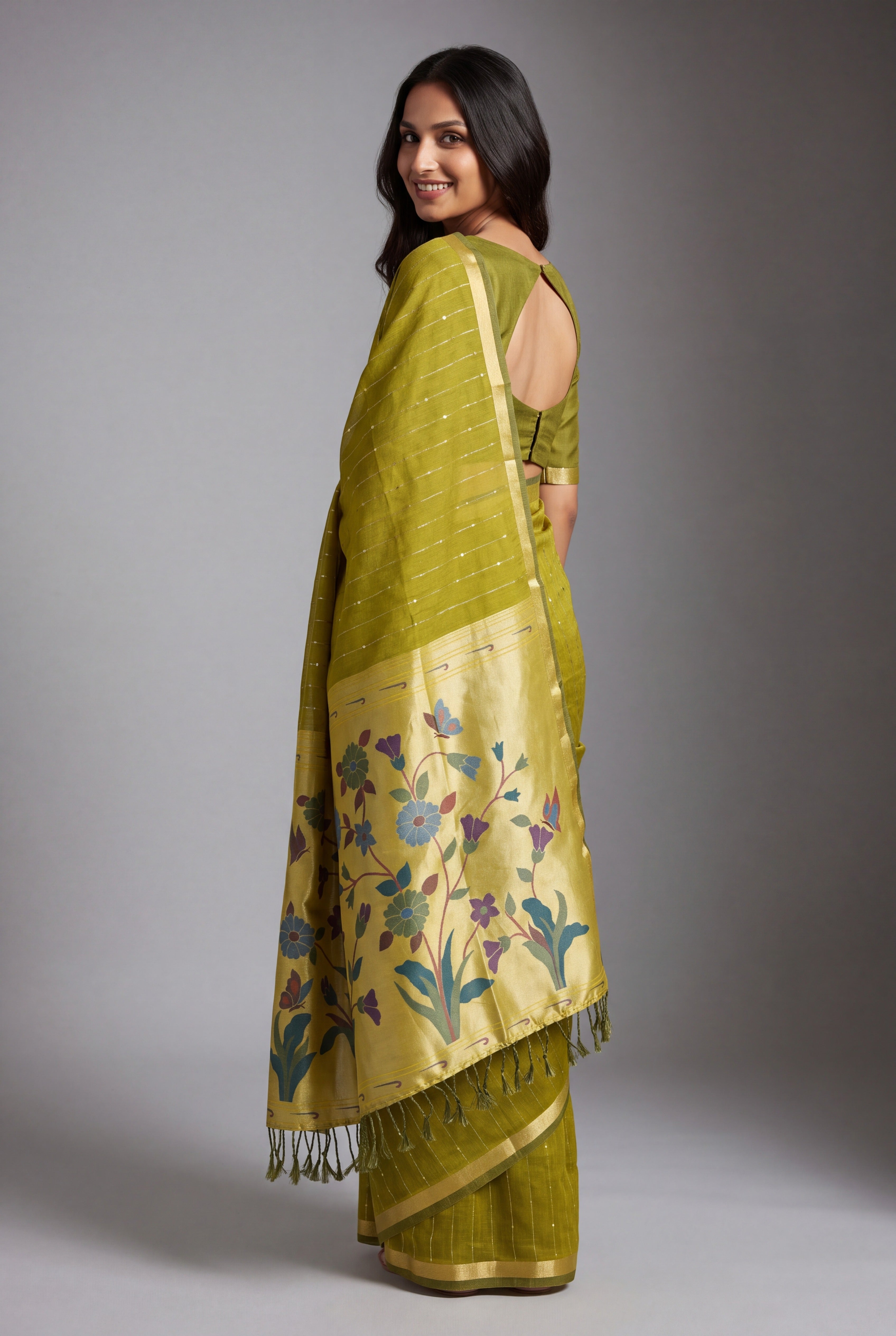 Olive Green Jamdhani Cotton Paithani Saree with Zari Stripes and Sequins work