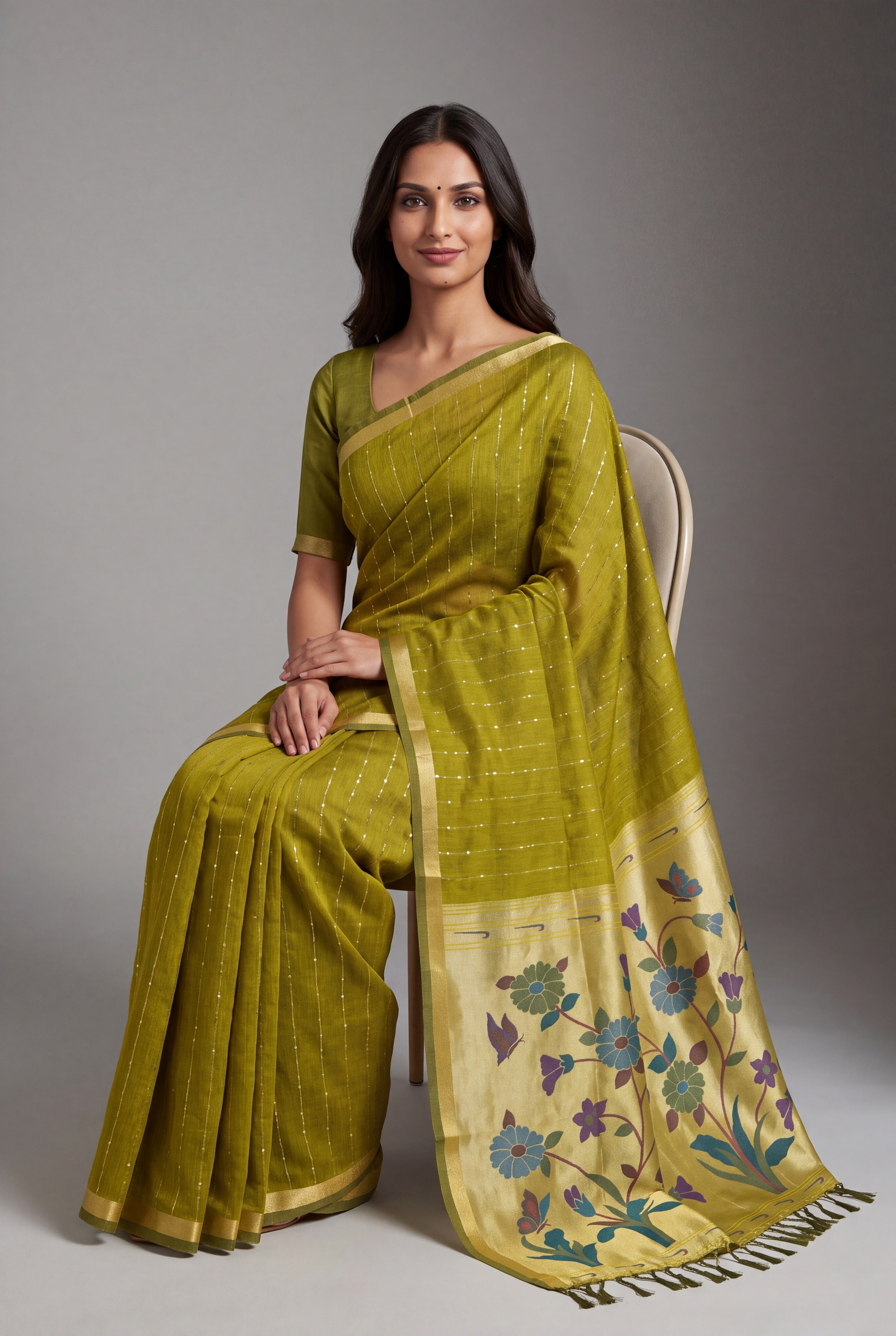 Olive Green Jamdhani Cotton Paithani Saree with Zari Stripes and Sequins work