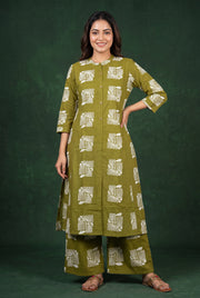 Olive Green Vanya Cotton Co-ord Set with Botanical Block Print