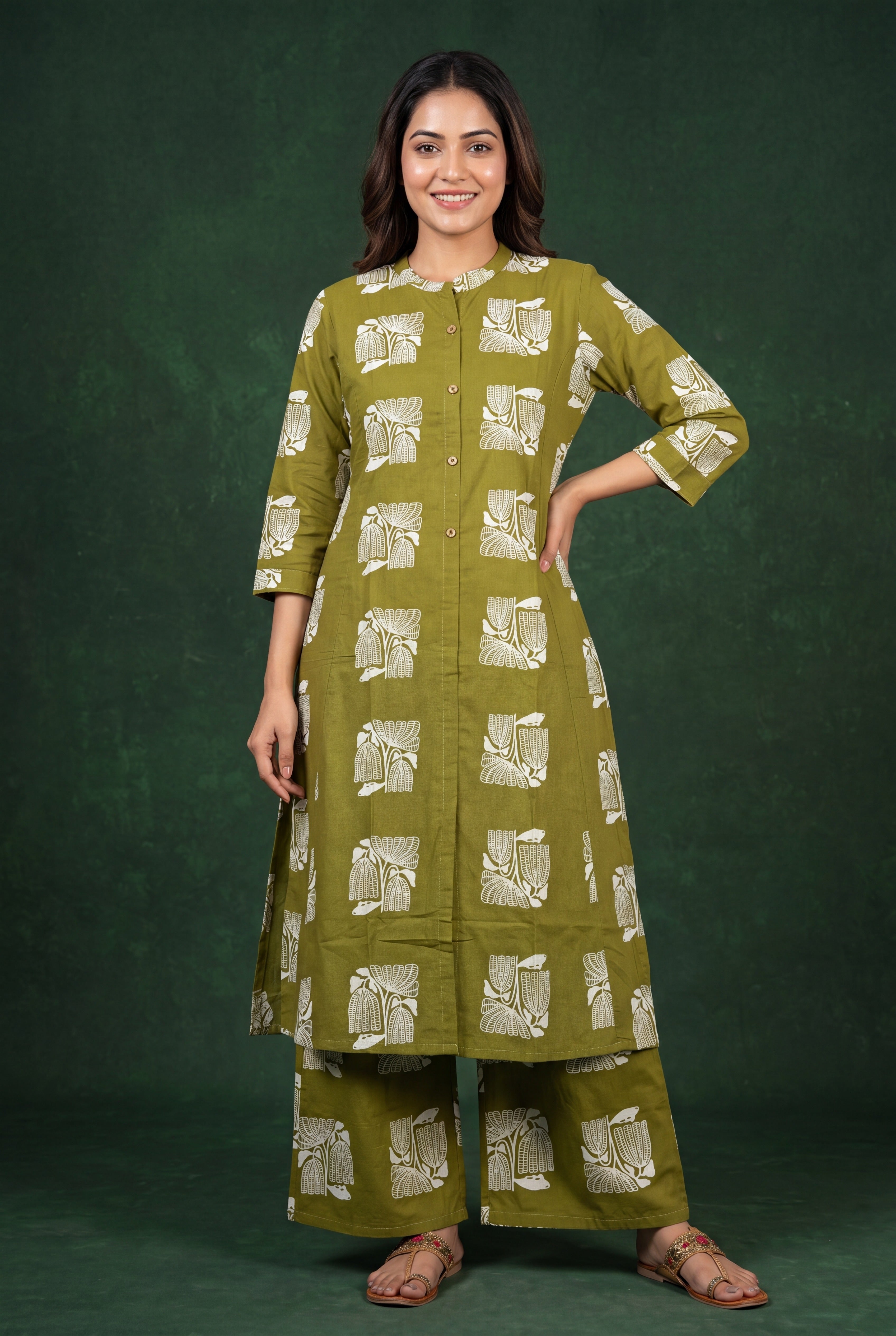 Olive Green Vanya Cotton Co-ord Set with Botanical Block Print