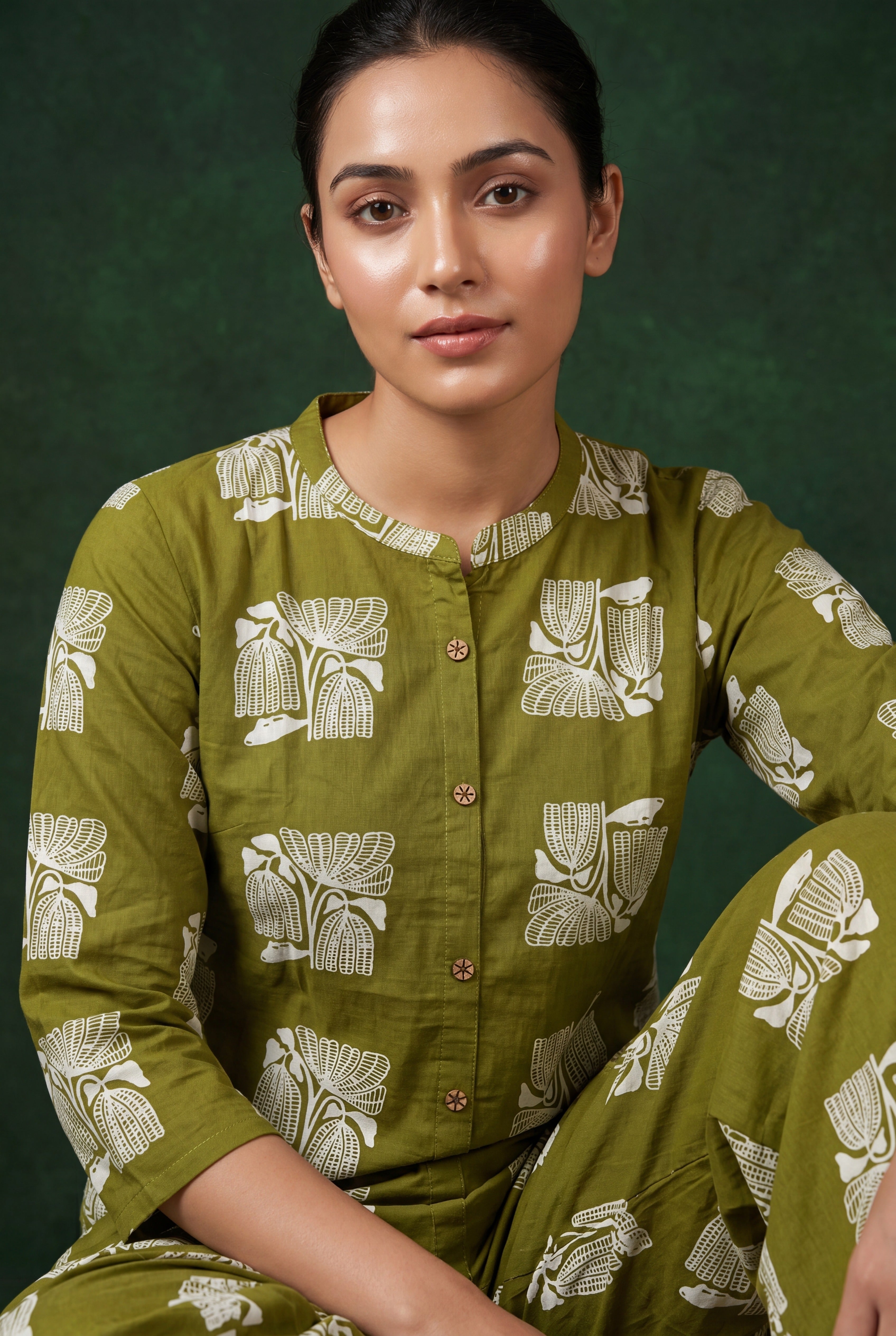Olive Green Vanya Cotton Co-ord Set with Botanical Block Print