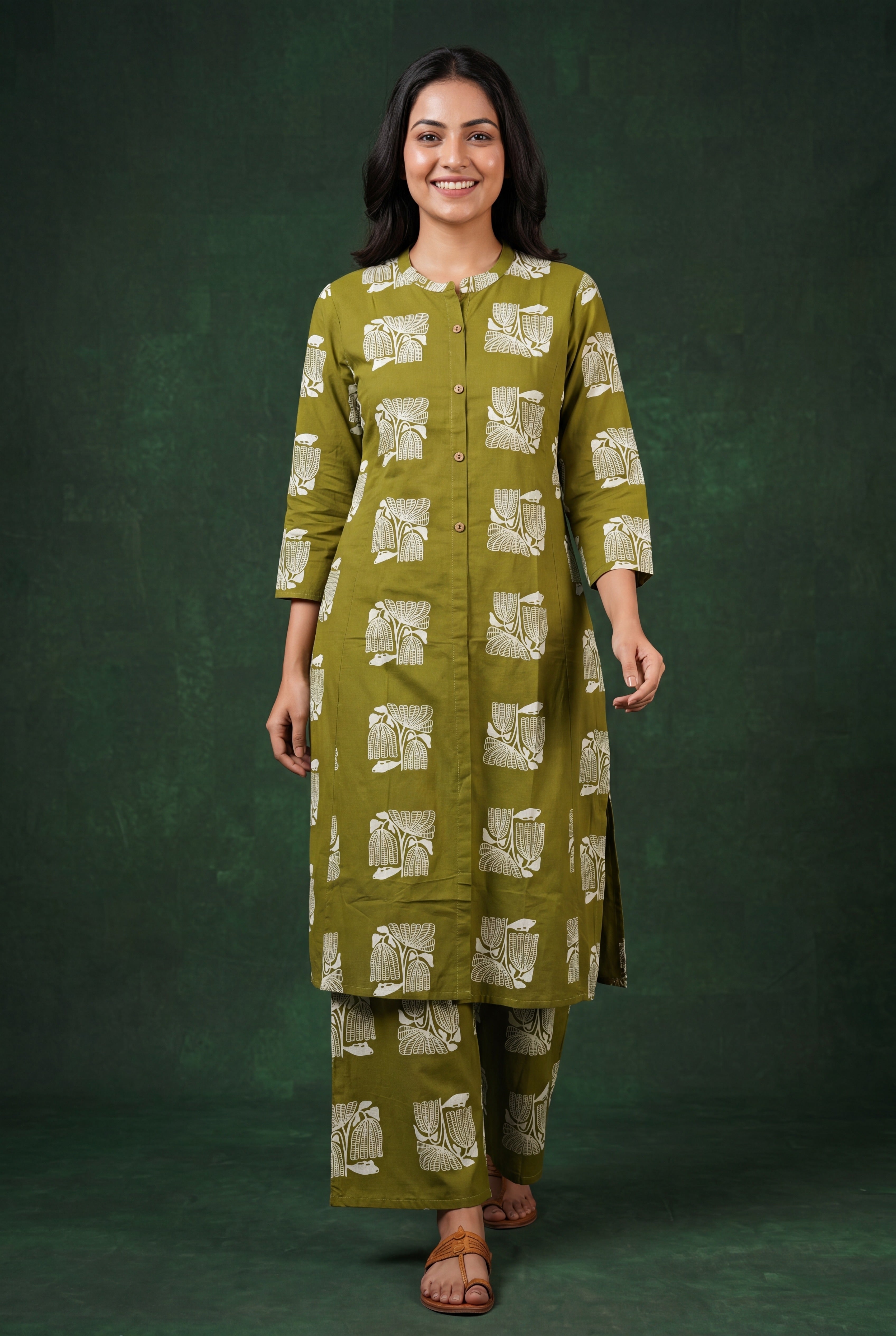 Olive Green Vanya Cotton Co-ord Set with Botanical Block Print