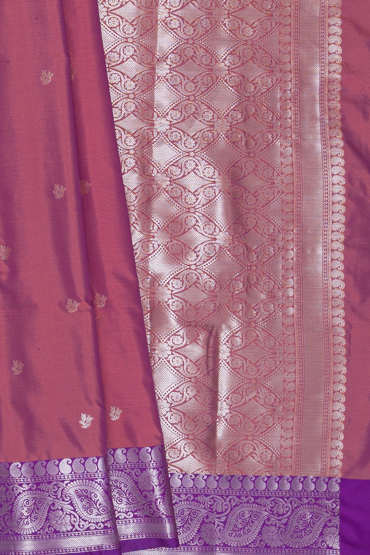 Onion Pink Katan Silk Banrasi Saree with Rose Butti and contrast Purple border