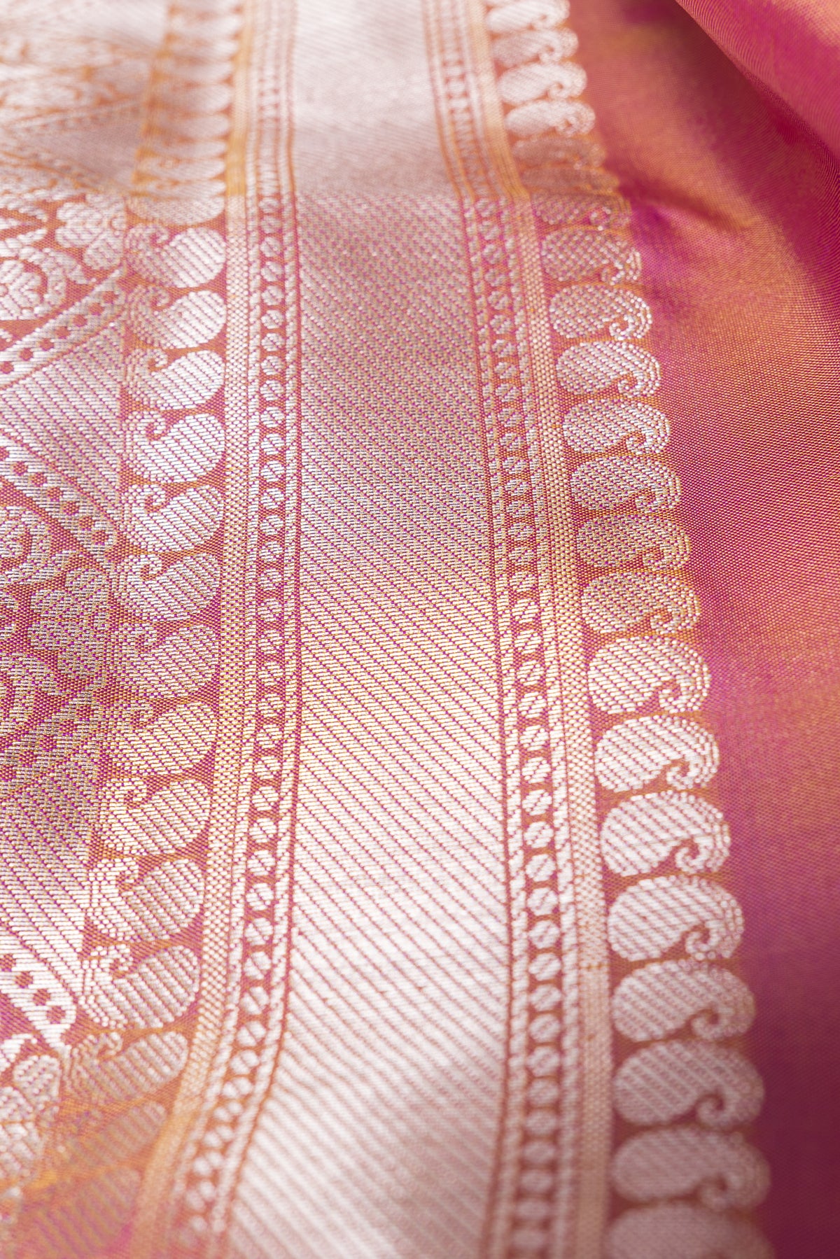 Onion Pink Katan Silk Banrasi Saree with Rose Butti and contrast Purple border