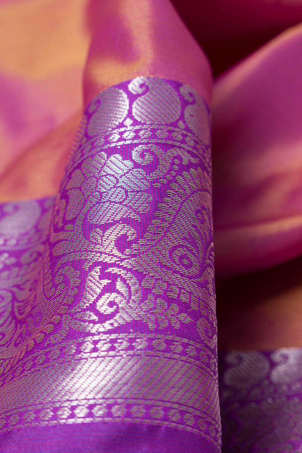 Onion Pink Katan Silk Banrasi Saree with Rose Butti and contrast Purple border