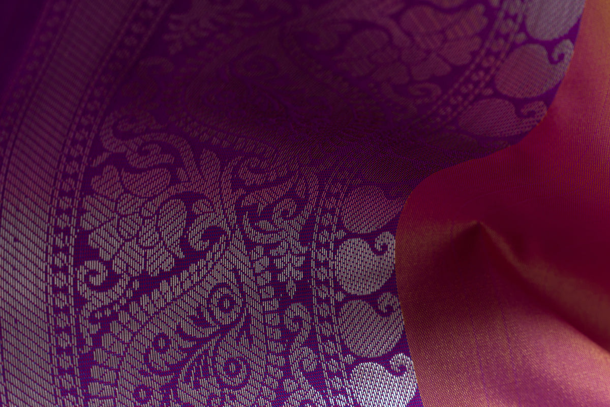 Onion Pink Katan Silk Banrasi Saree with Rose Butti and contrast Purple border
