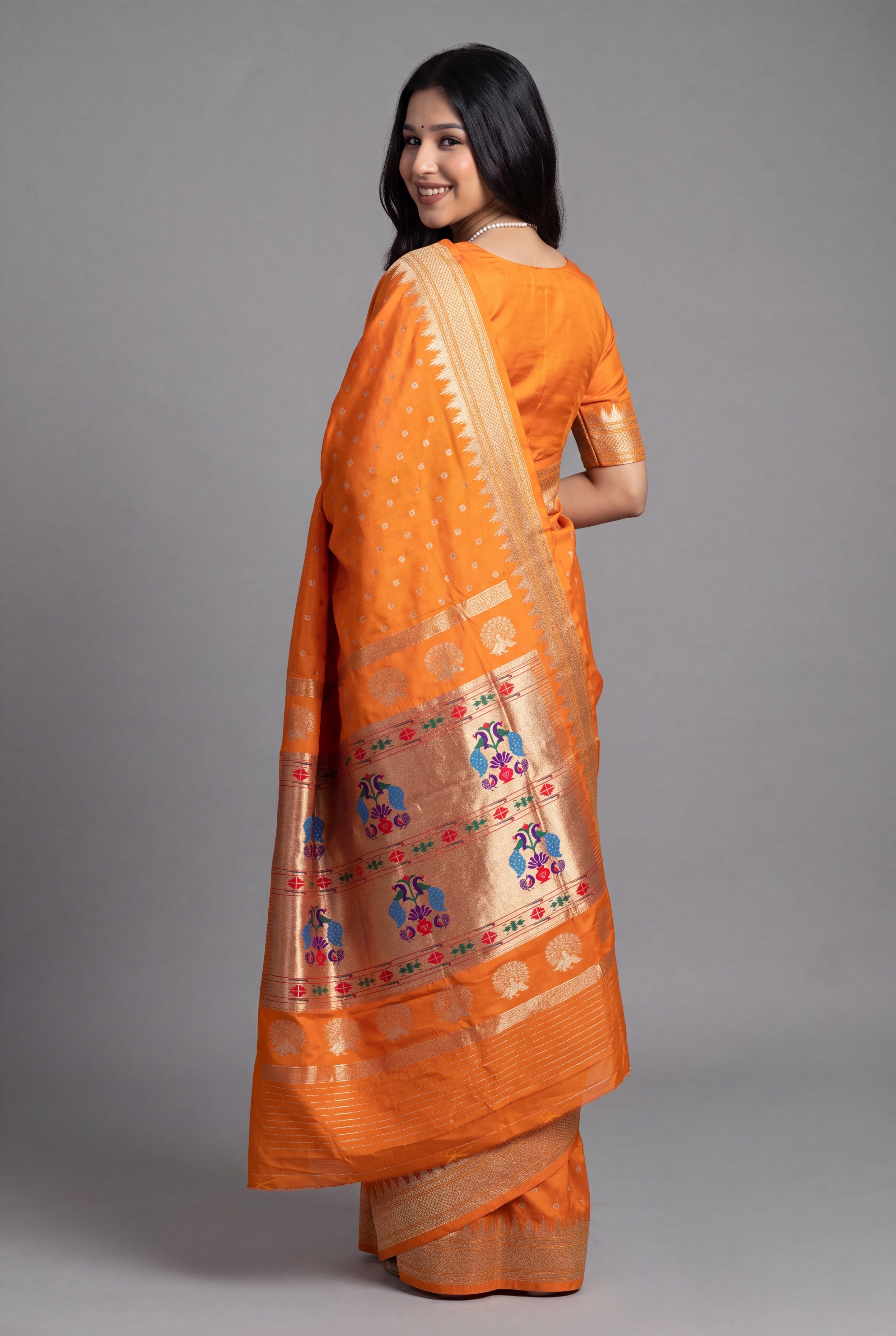 Orange Katan Silk Paithani Saree with Irkal border
