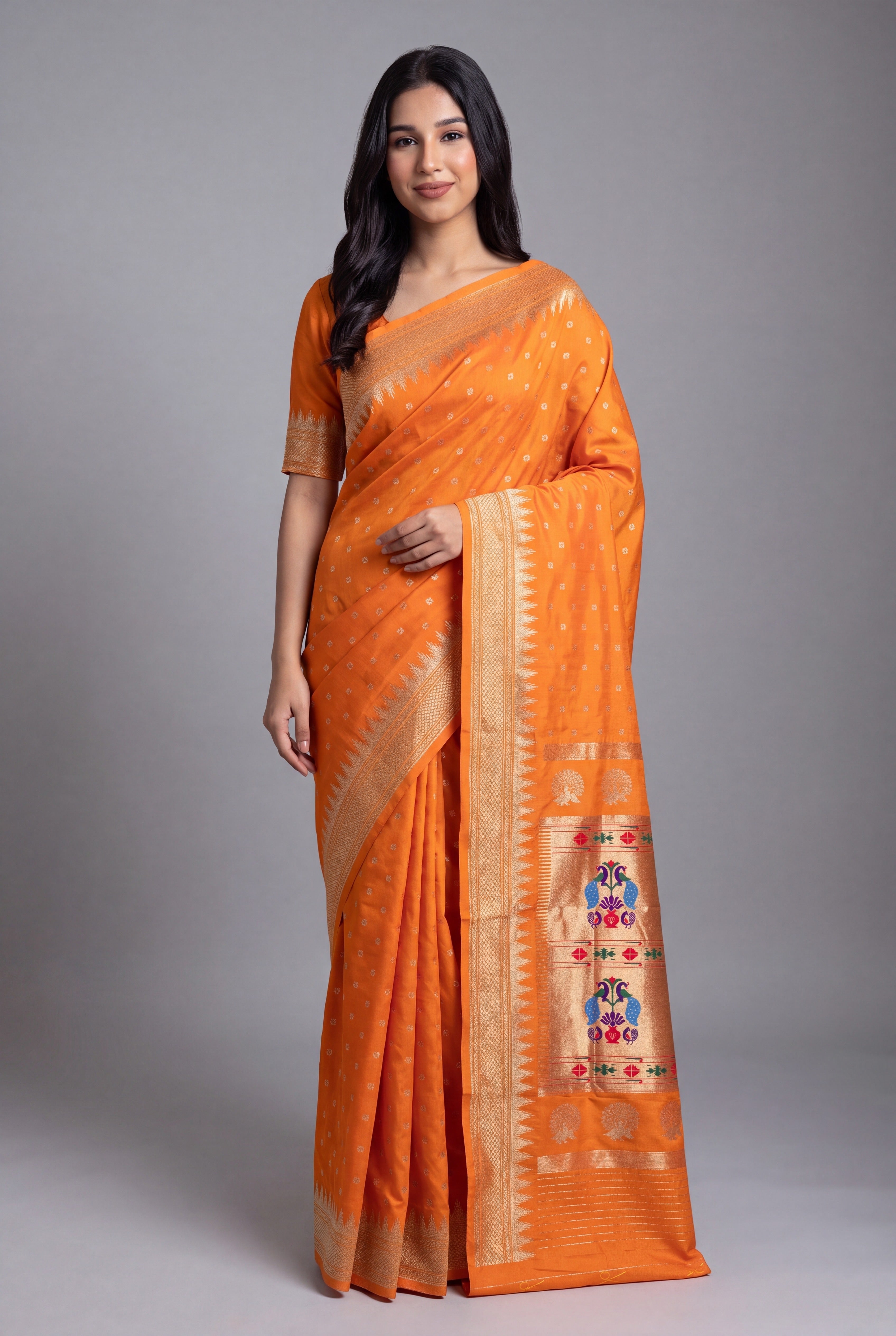 Orange Katan Silk Paithani Saree with Irkal border