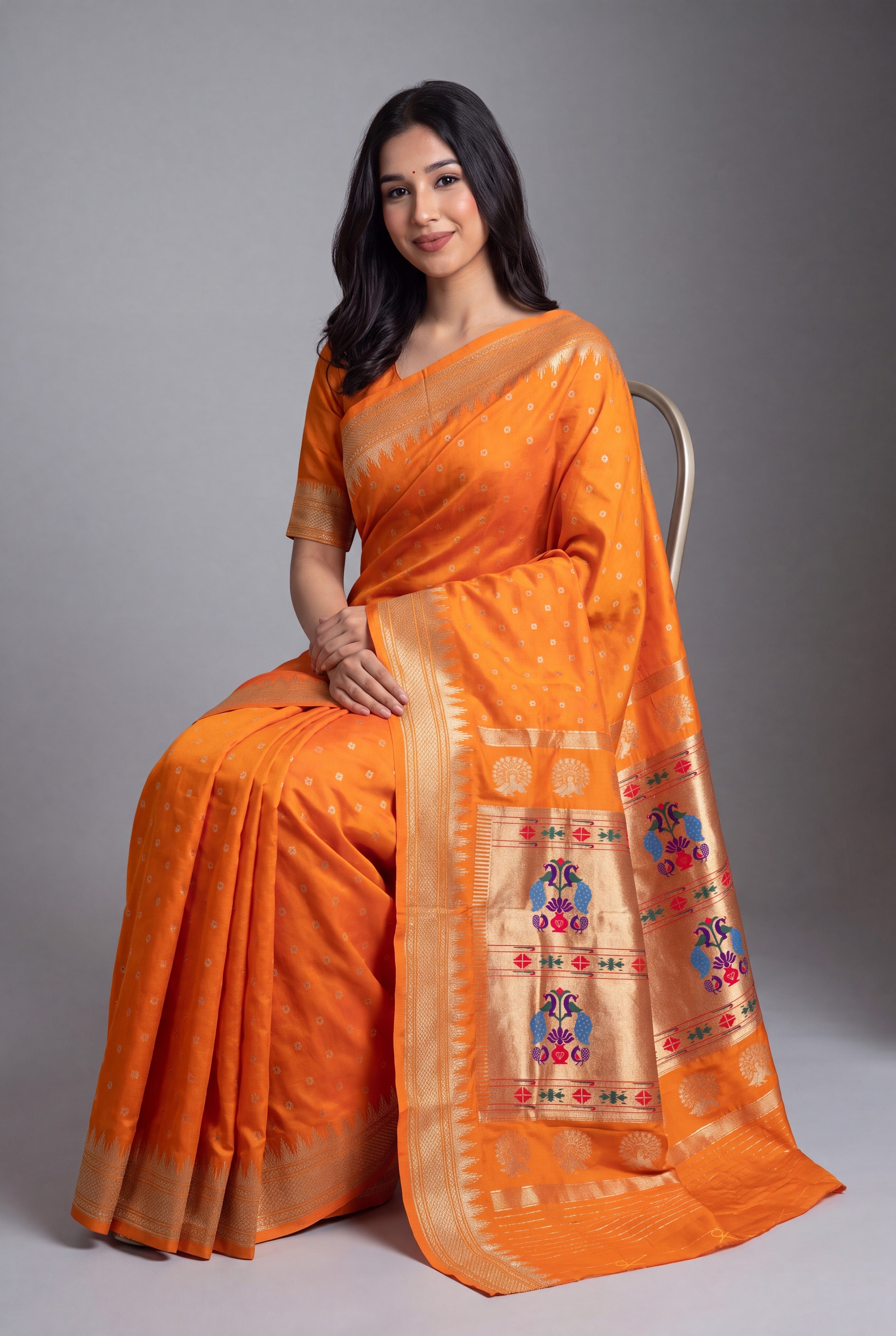 Orange Katan Silk Paithani Saree with Irkal border