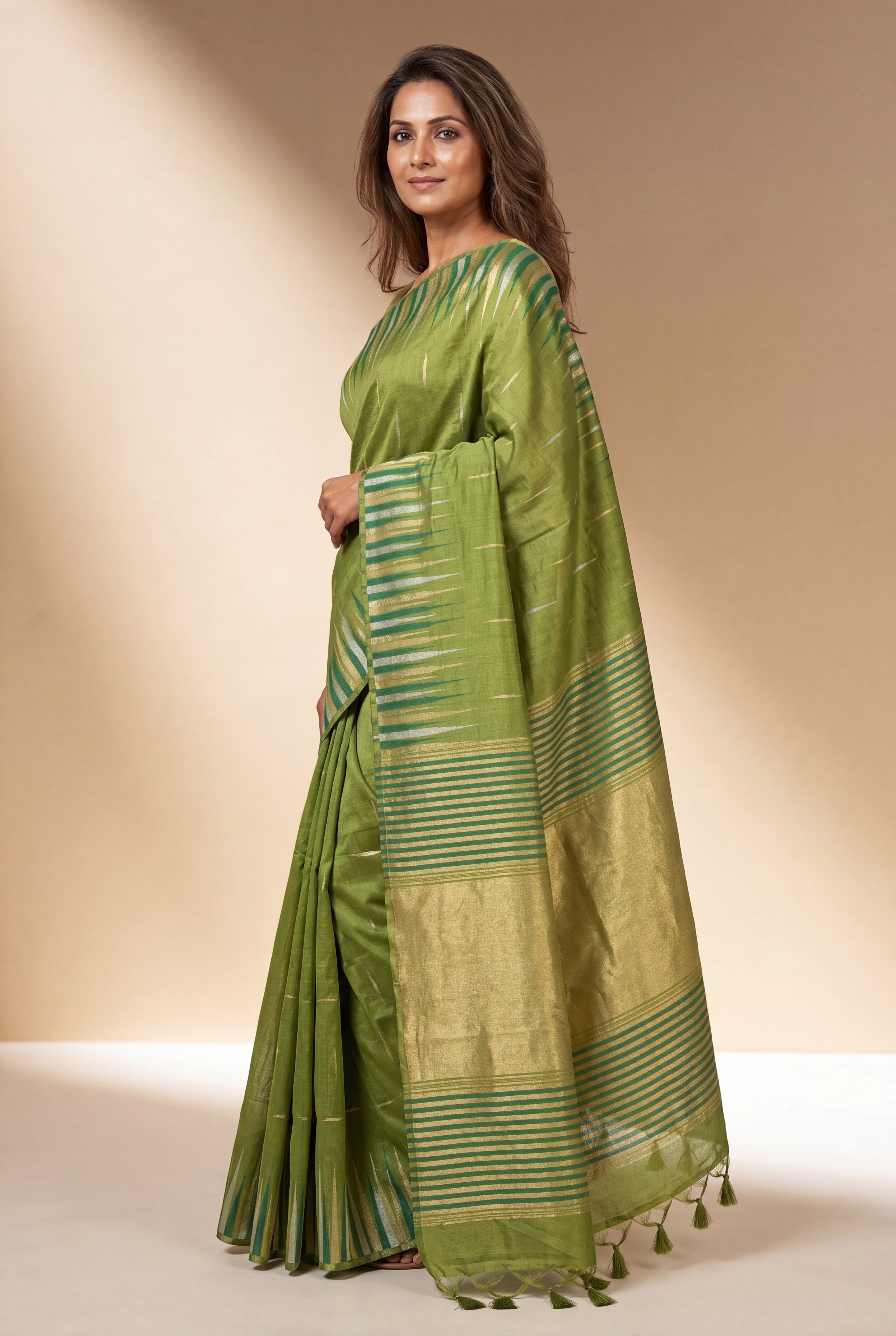 Parrot Green Tussar Silk Saree with Resham and Zari Irkal border