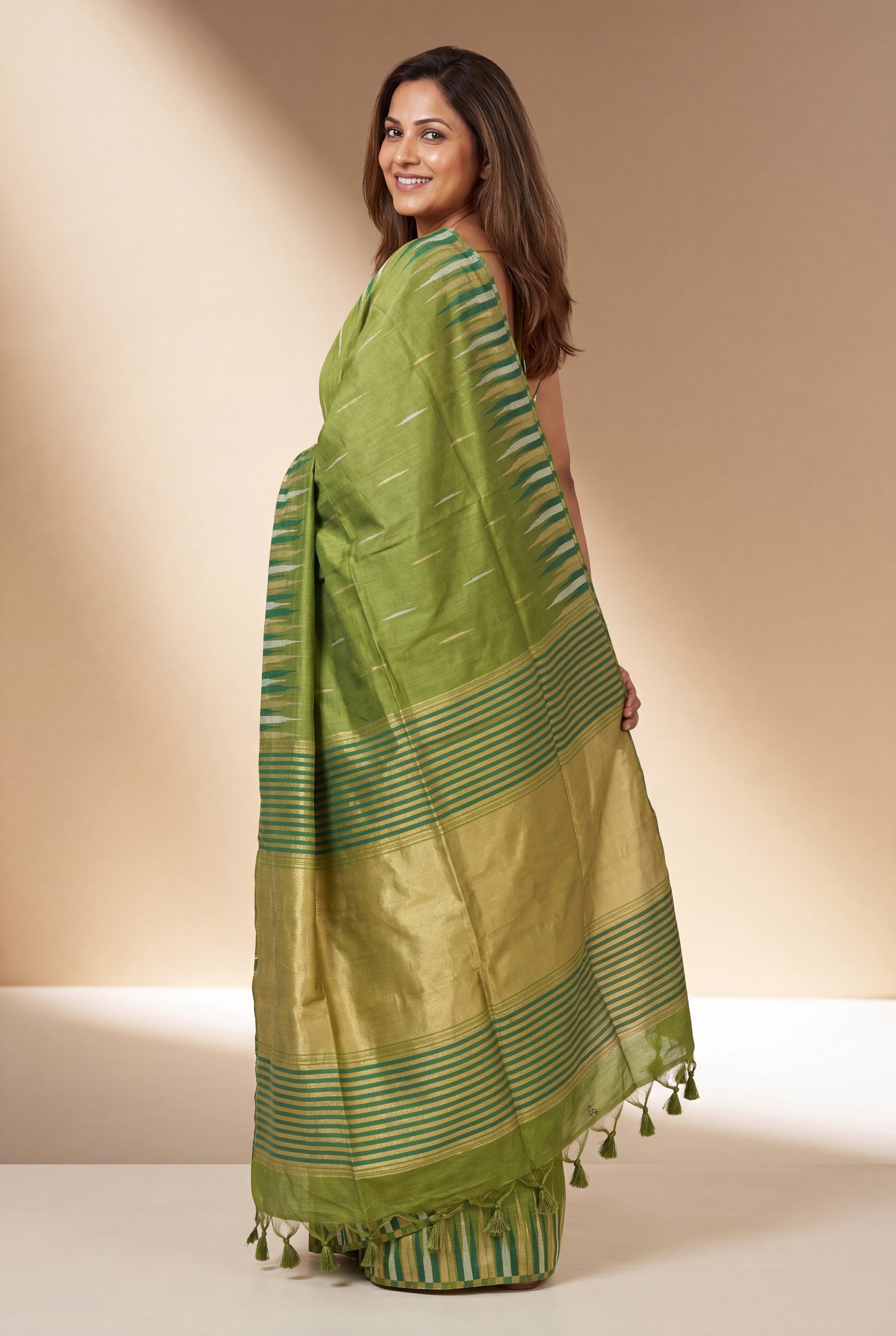 Parrot Green Tussar Silk Saree with Resham and Zari Irkal border